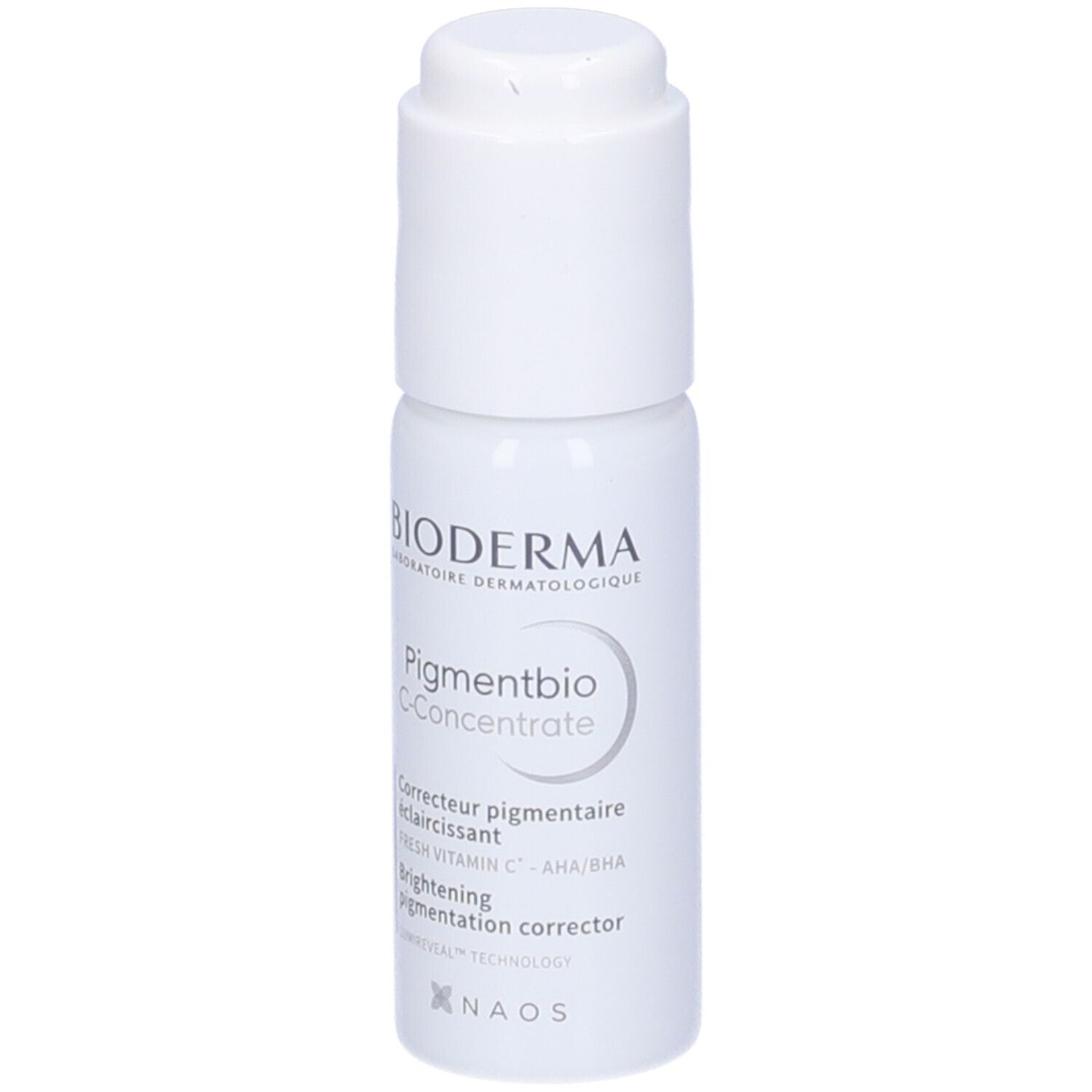 BIODERMA Pigmentbio C-Concentrate. Flacone bianco con dosatore. Informazioni prodotto.