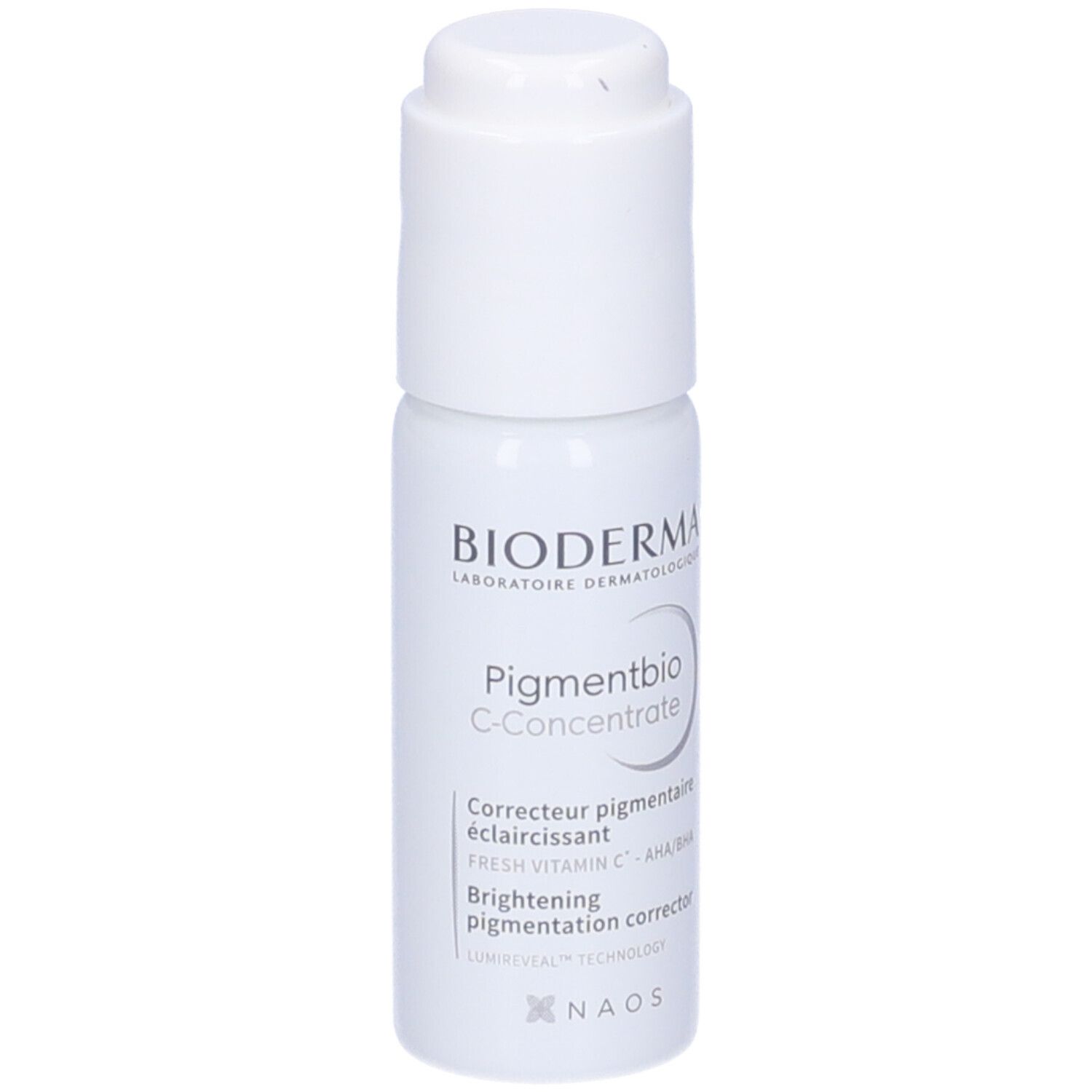 BIODERMA Pigmentbio C-Concentrate. Flacone bianco con dosatore. Informazioni prodotto.