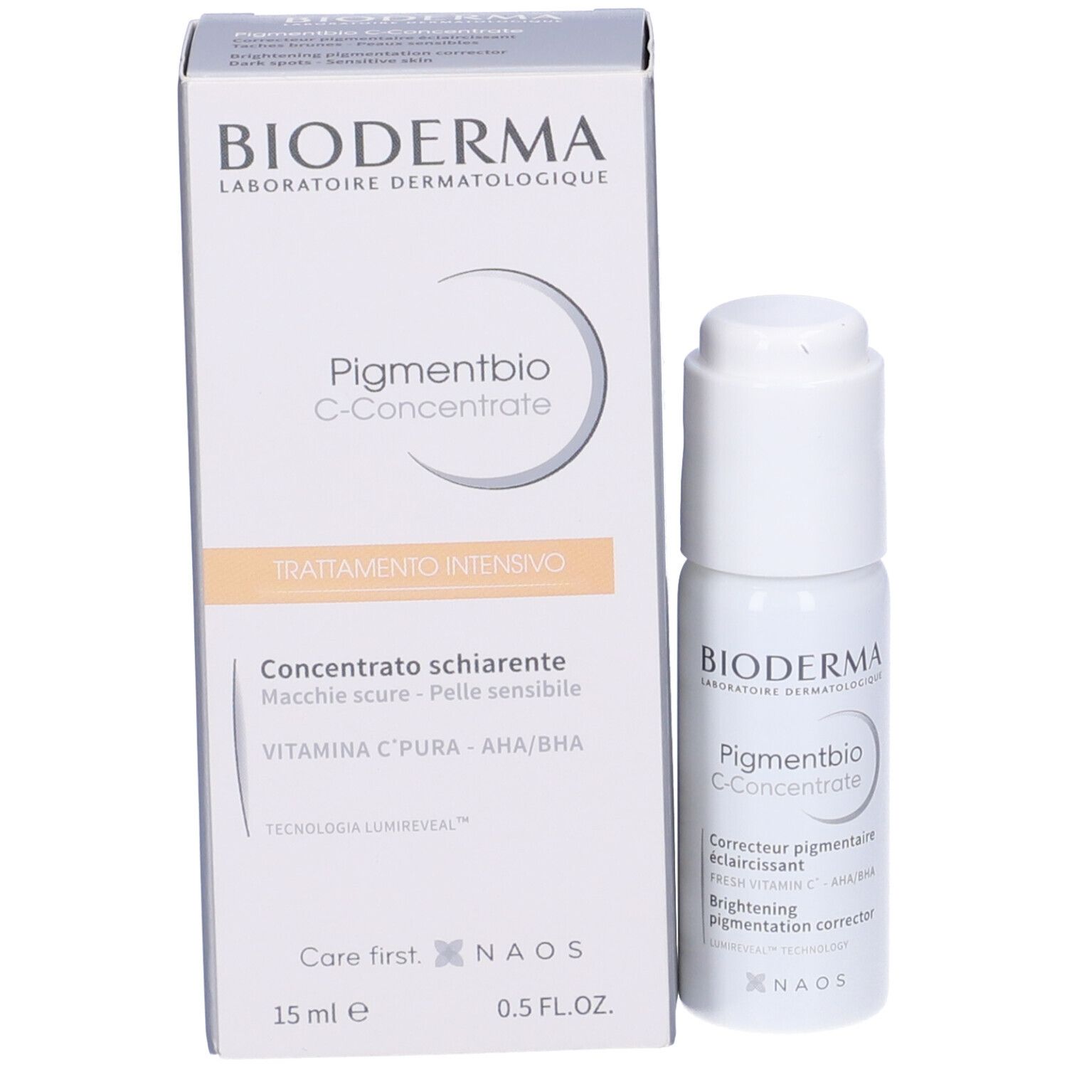 BIODERMA Pigmentbio C-Concentrate e confezione. Flacone e scatola bianchi. 15 ml.