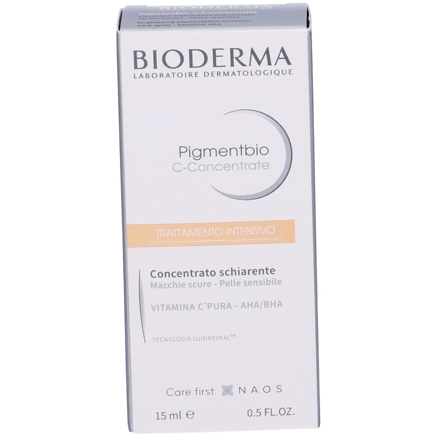 Confezione BIODERMA Pigmentbio C-Concentrate. Scatola bianca con informazioni. 15 ml.