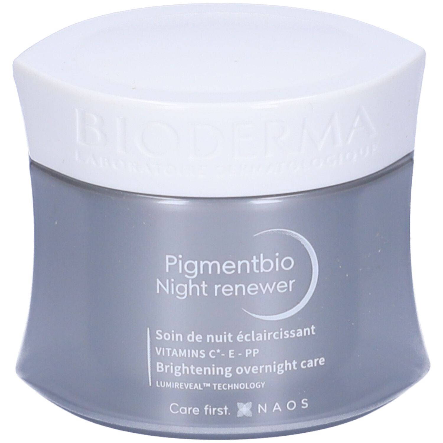 Vaso di crema con coperchio bianco. Scritta: Pigmentbio Night renewer. Confezione grigia.