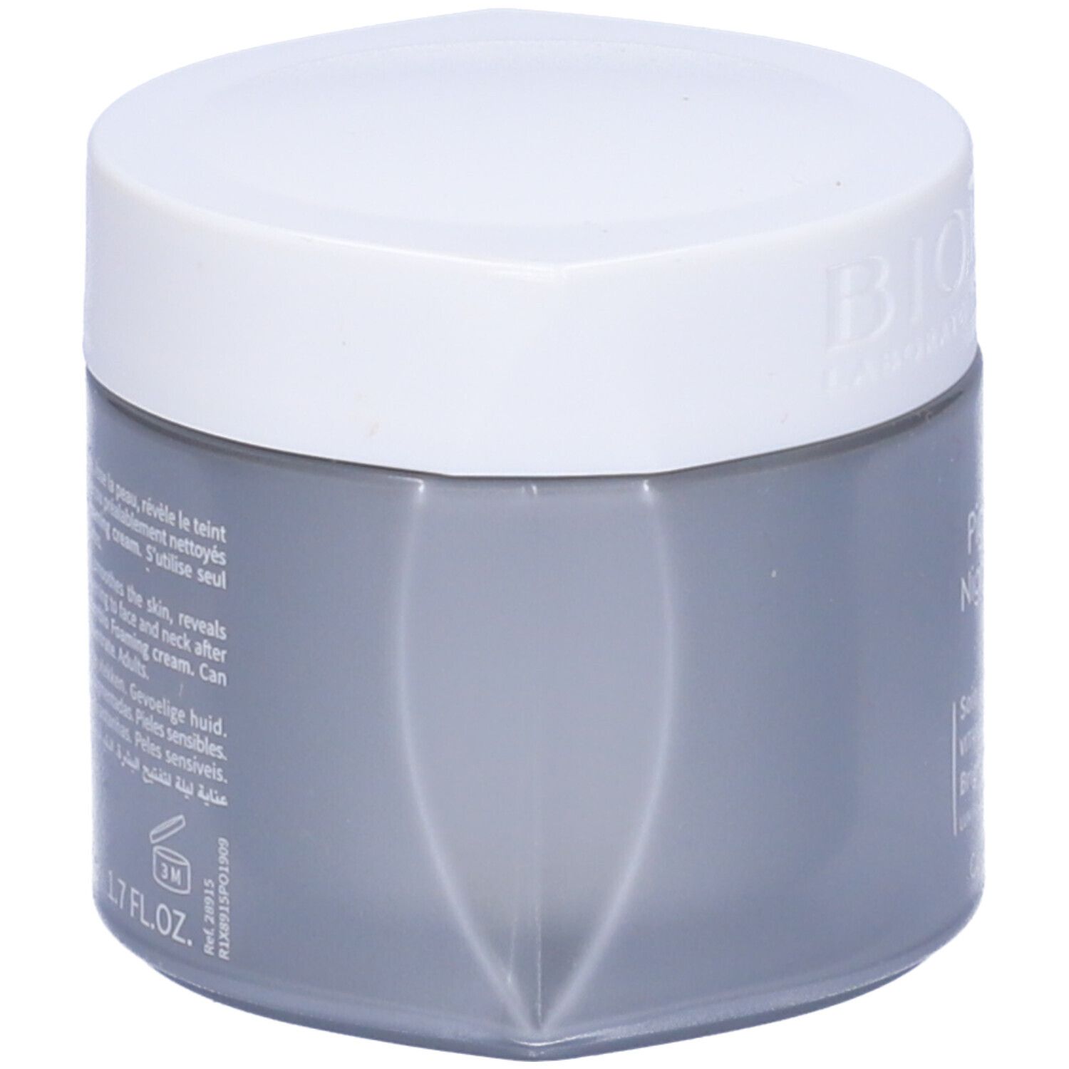 Retro di un vaso di crema grigio con coperchio bianco. Testo multilingue.