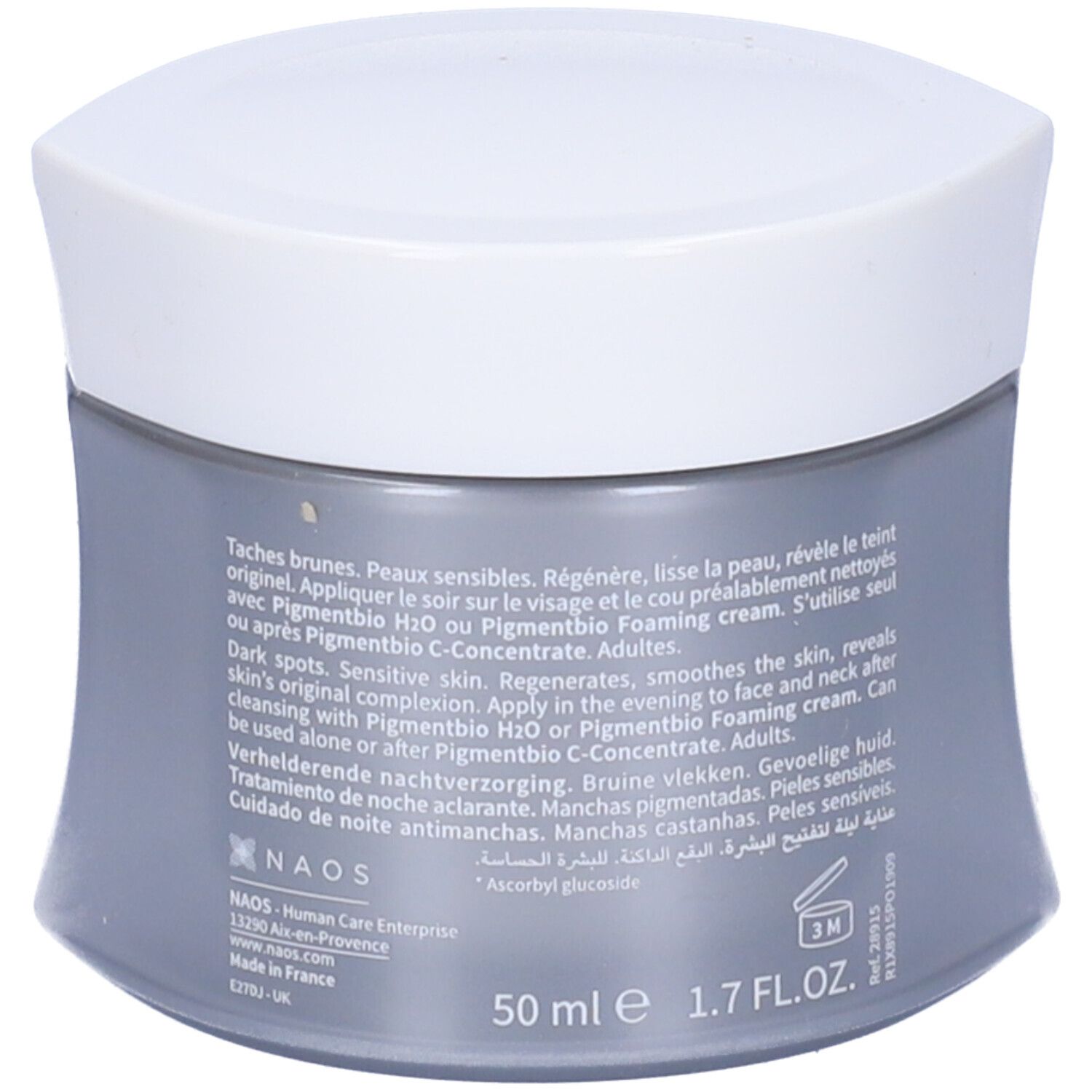 Retro di un vaso di crema. Testo multilingue. Volume: 50 ml.