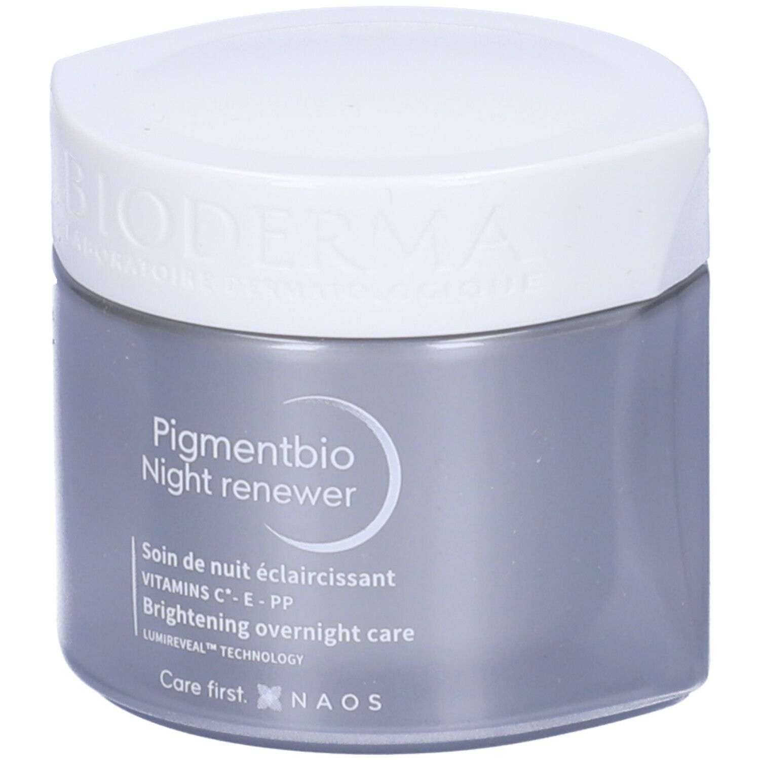 Vaso di crema con coperchio bianco. Scritta: Pigmentbio Night renewer. Confezione grigia.