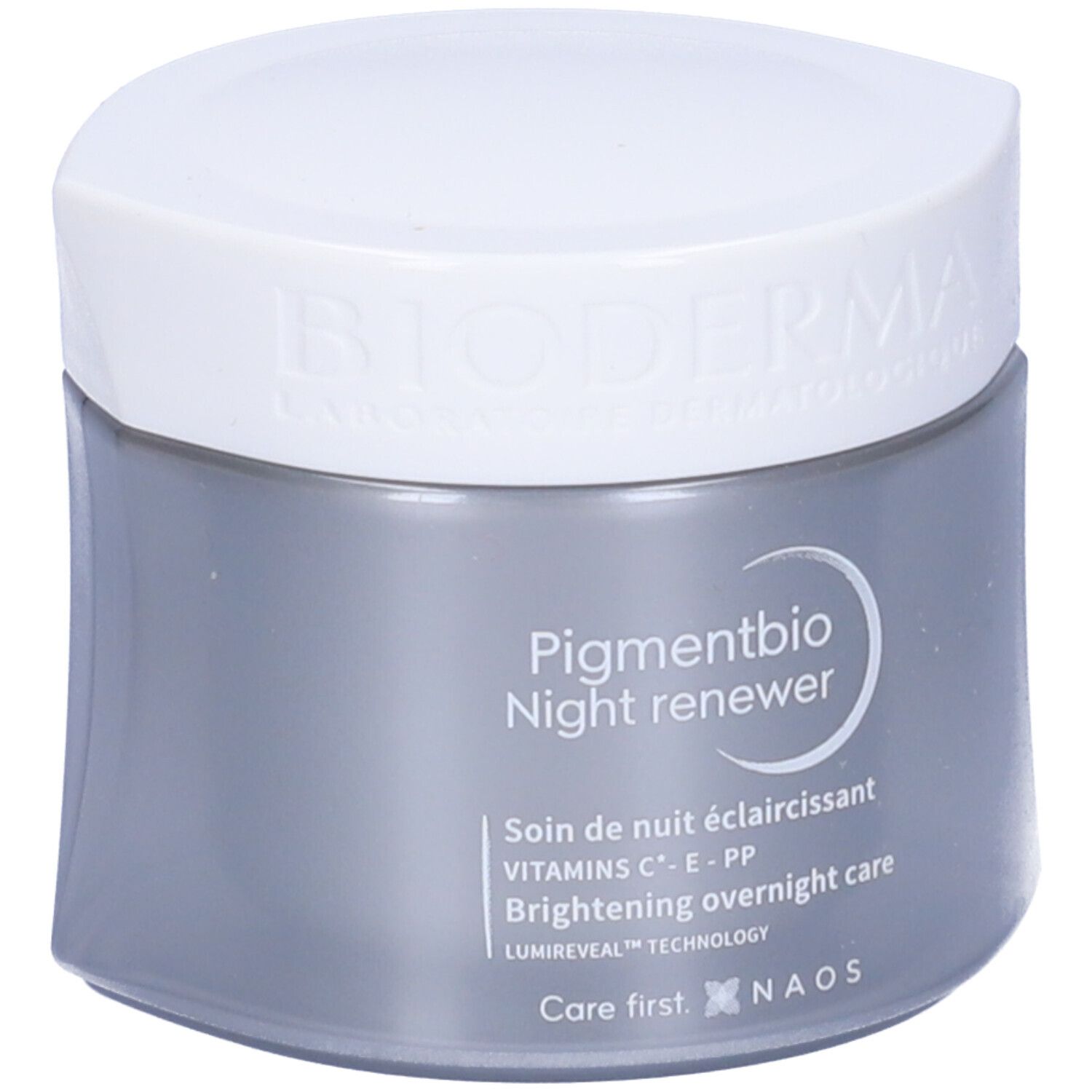 Vaso di crema con coperchio bianco. Scritta: Pigmentbio Night renewer. Confezione grigia.