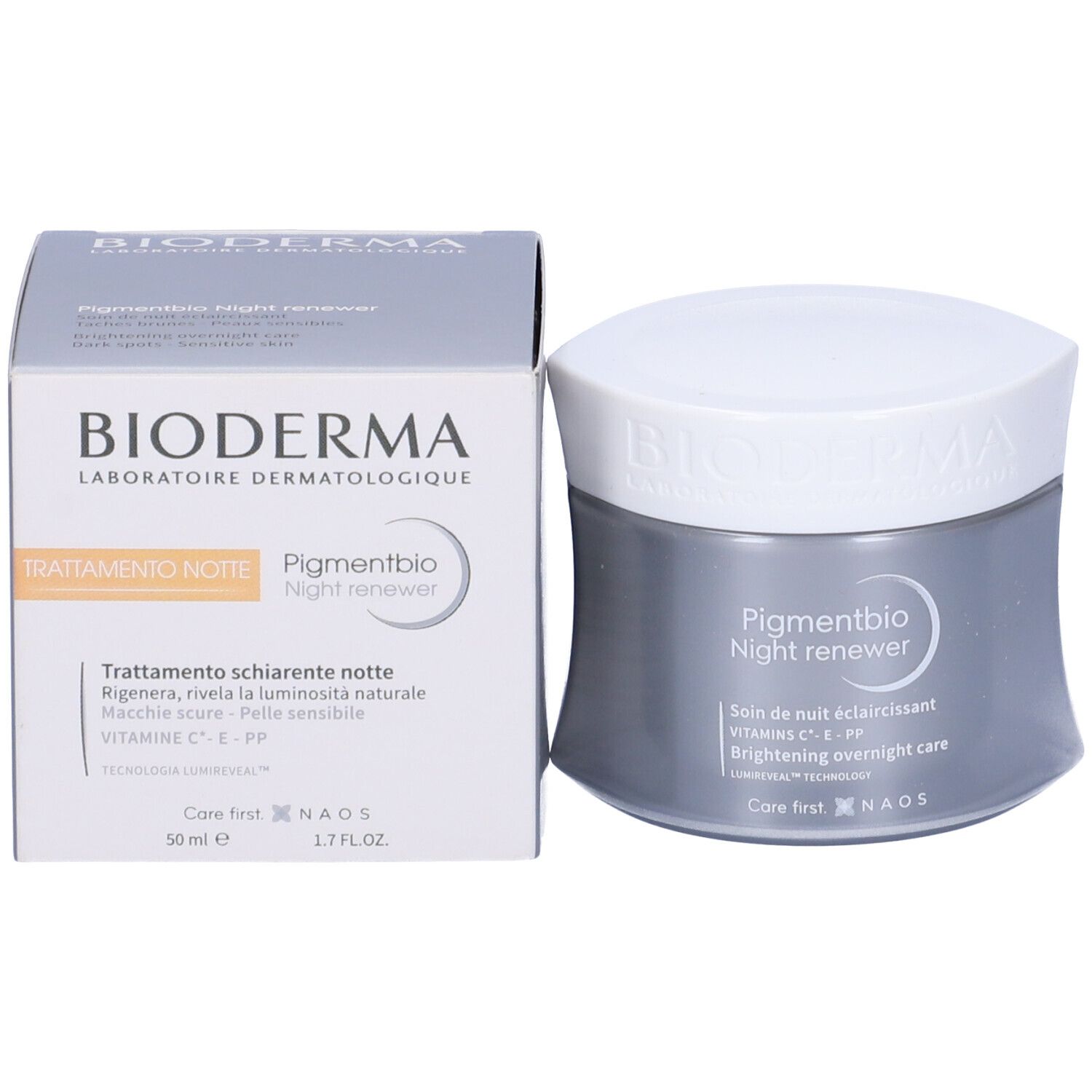 Vaso di crema e scatola. Scritta: Pigmentbio Night renewer. Volume: 50 ml.