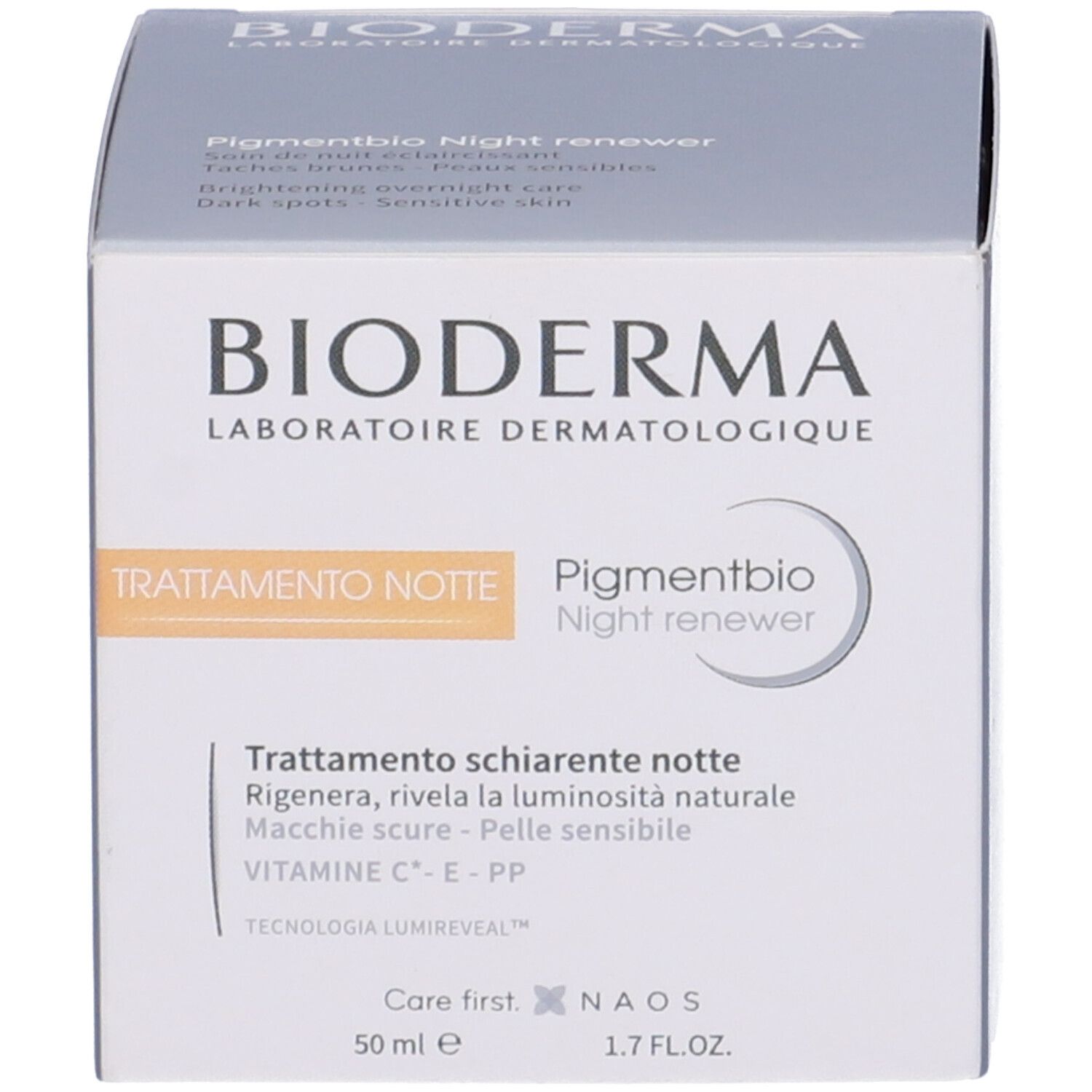 Scatola con scritta: Pigmentbio Night renewer. Volume: 50 ml.