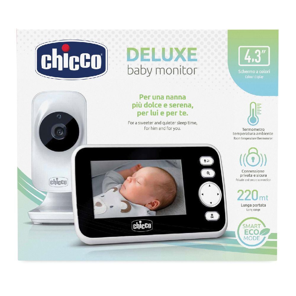 Chicco Deluxe Baby Monitor. Include telecamera e monitor con schermo a colori da 4,3 pollici. Confezione con immagine del prodotto.