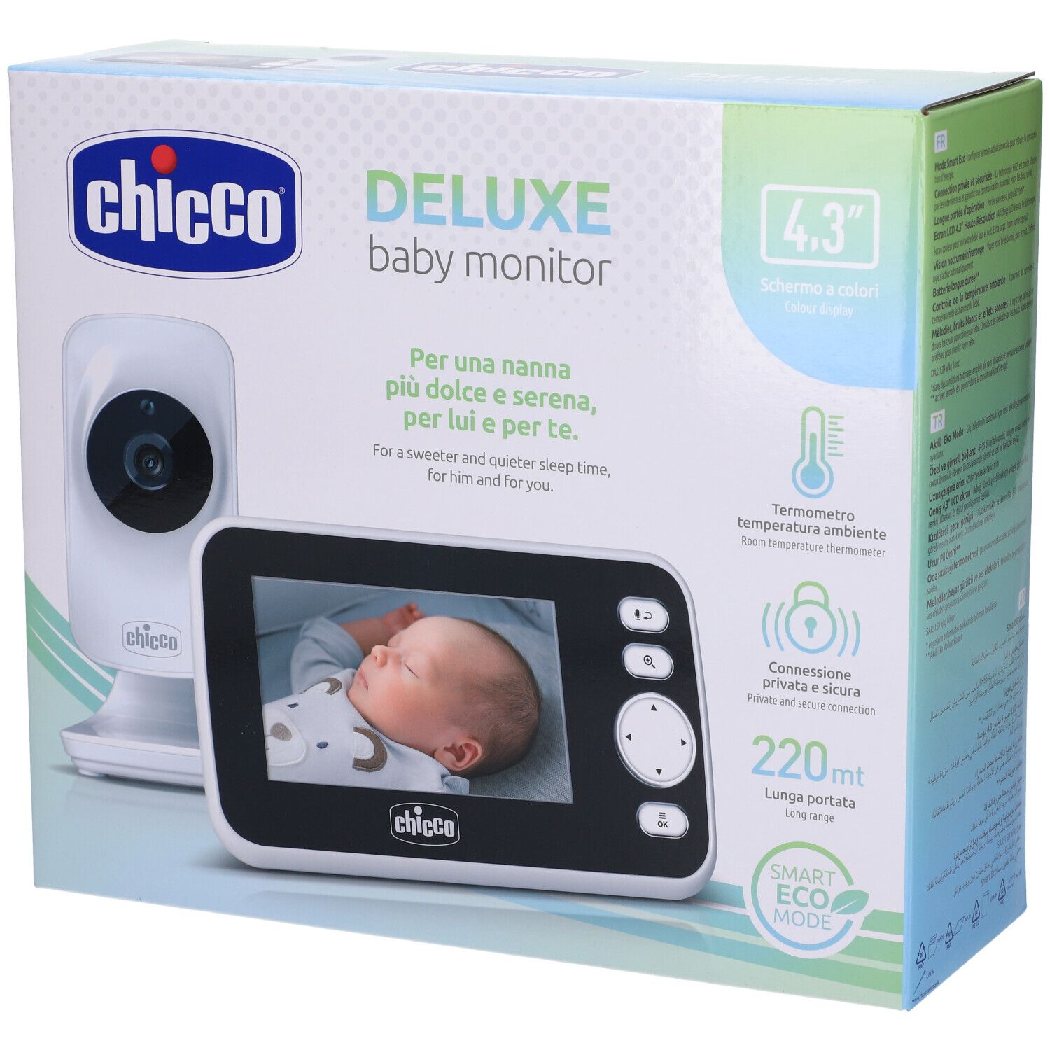 Chicco Deluxe Baby Monitor. Confezione con telecamera e monitor. Schermo a colori da 4,3 pollici. Immagine del prodotto sulla confezione.