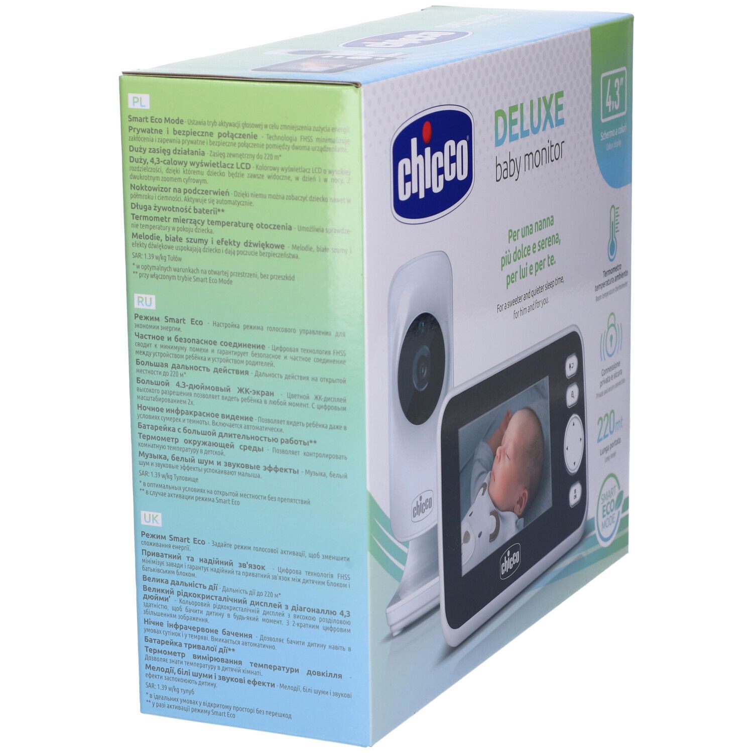 Chicco Deluxe Baby Monitor. Confezione con informazioni sul prodotto. Include telecamera e monitor. Schermo a colori da 4,3 pollici. Testi multilingue.