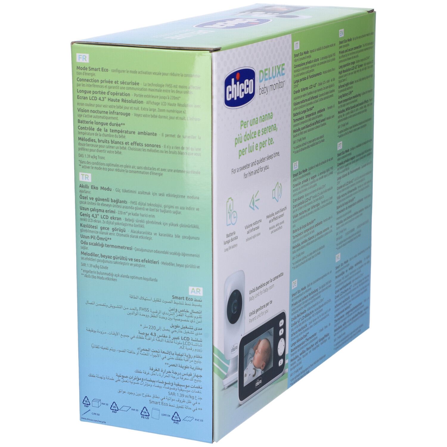 Chicco Deluxe Baby Monitor. Confezione, vista laterale. Informazioni e specifiche del prodotto. Testi multilingue. Telecamera e monitor illustrati.