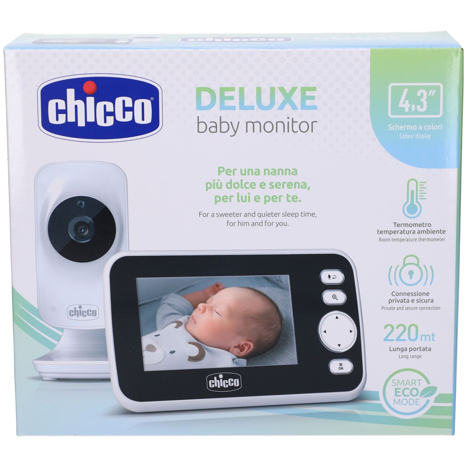 Chicco Deluxe Baby Monitor. Include telecamera e monitor con schermo a colori da 4,3 pollici. Confezione con immagine del prodotto.