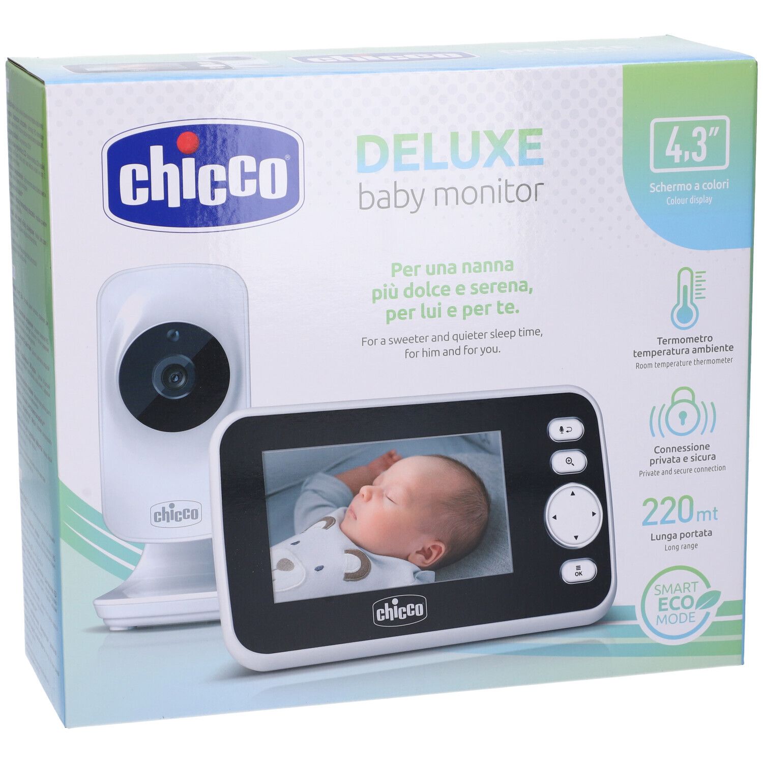 Chicco Deluxe Baby Monitor. Include telecamera e monitor con schermo a colori da 4,3 pollici. Confezione con immagine del prodotto.