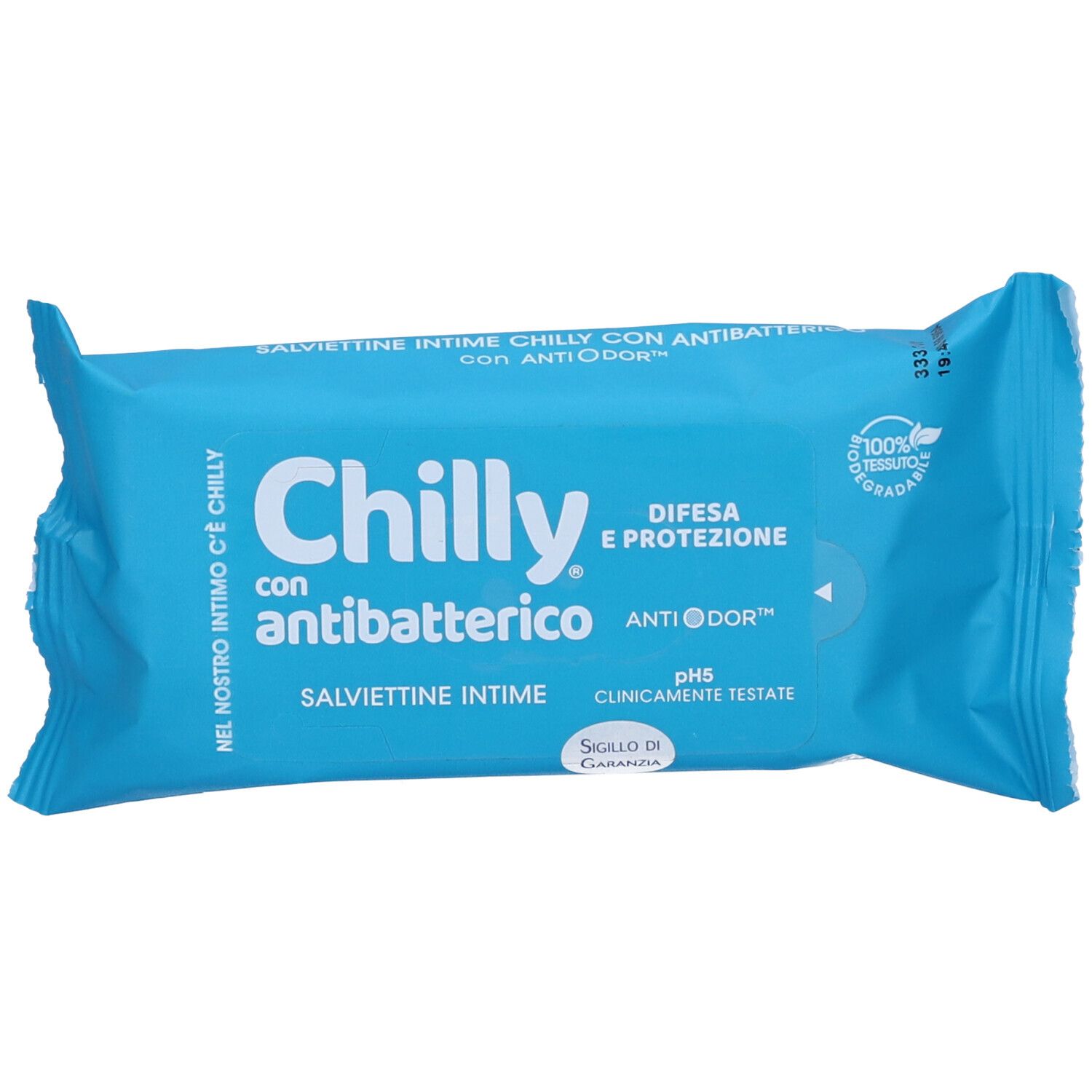 Hellblaue Verpackung mit Produktnamen und Text. 'Chilly' mit antibakterieller Aufschrift. Siegel.