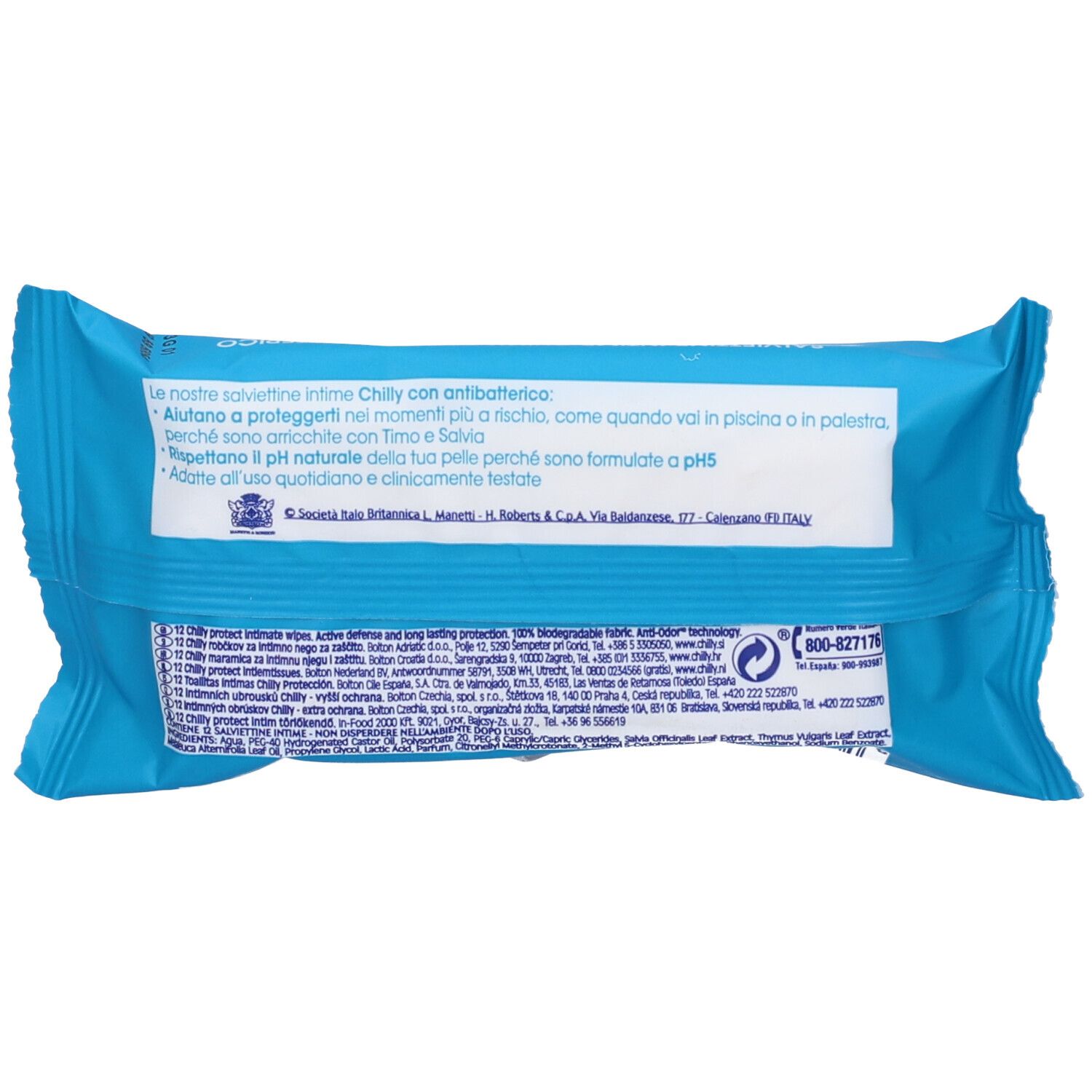 Rückseite der hellblauen Verpackung mit Text. Produktinformationen und Logo.