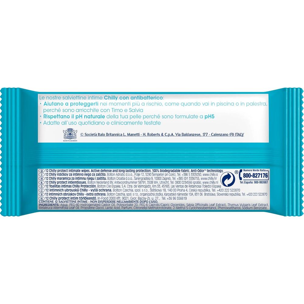 Chilly Intim-Feuchttücher mit antibakteriellem Schutz und 100% biologisch abbaubarem Gewebe.