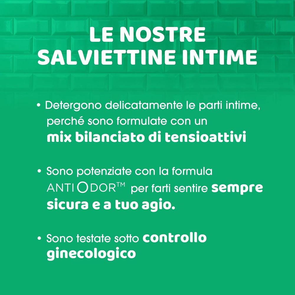 Text auf grünem Hintergrund. Überschrift: LE NOSTRE SALVIETTINE INTIME. Aufzählungspunkte mit Produktinformationen. Text enthält ANTI ODOR™.