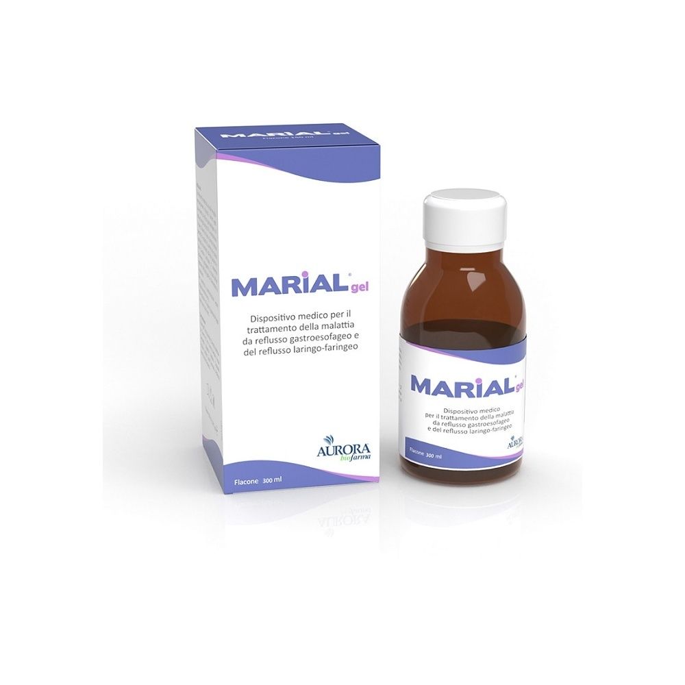 Aurora BioFarma Marial Gel, mostrato in una bottiglia e in una confezione. La bottiglia è marrone con tappo ed etichetta bianchi. La confezione è bianca con coperchio blu e il nome del prodotto. Su entrambi sono visibili il nome Marial e il marchio Aurora BioFarma.