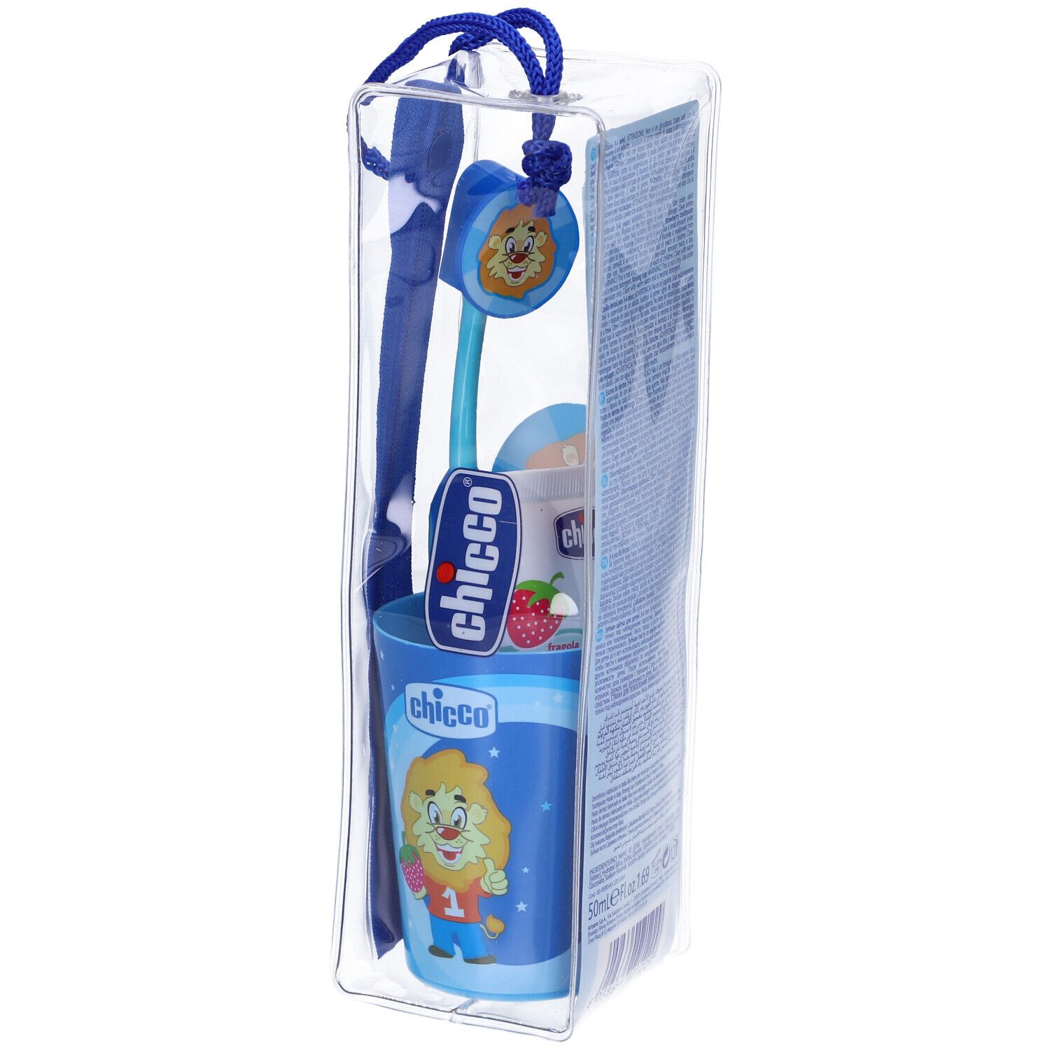 Set igiene orale in sacchetto trasparente. Include bicchiere, spazzolino, pulisci lingua e confezione piccola. Design blu.
