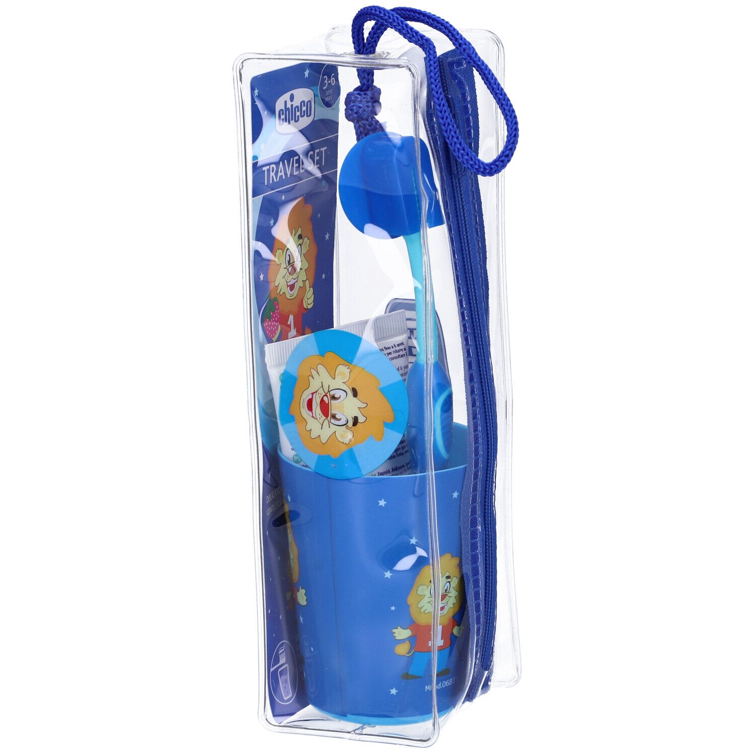 Set igiene orale blu in sacchetto trasparente. Include bicchiere, spazzolino, pulisci lingua. Con zip.