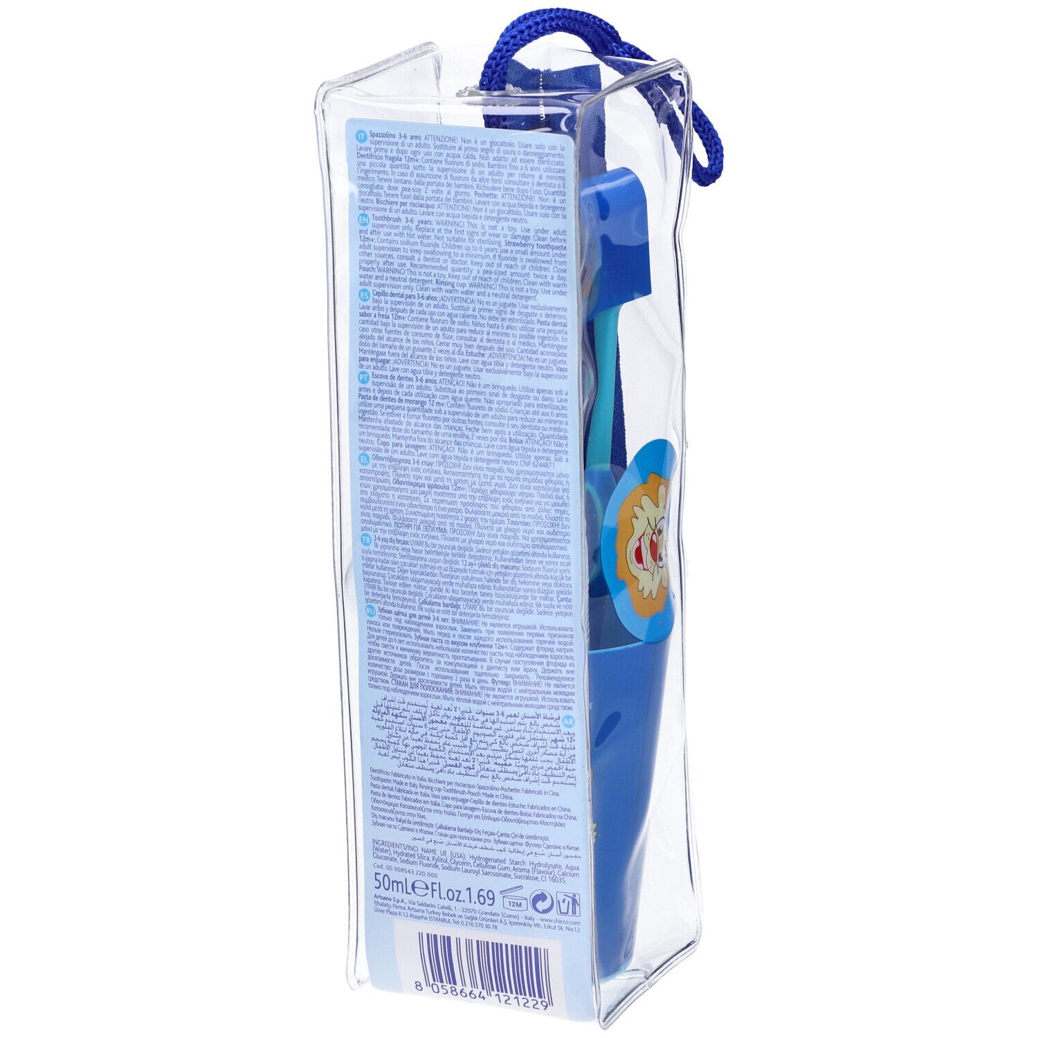 Set igiene orale in sacchetto trasparente. Include bicchiere, spazzolino, pulisci lingua. Design blu con zip.