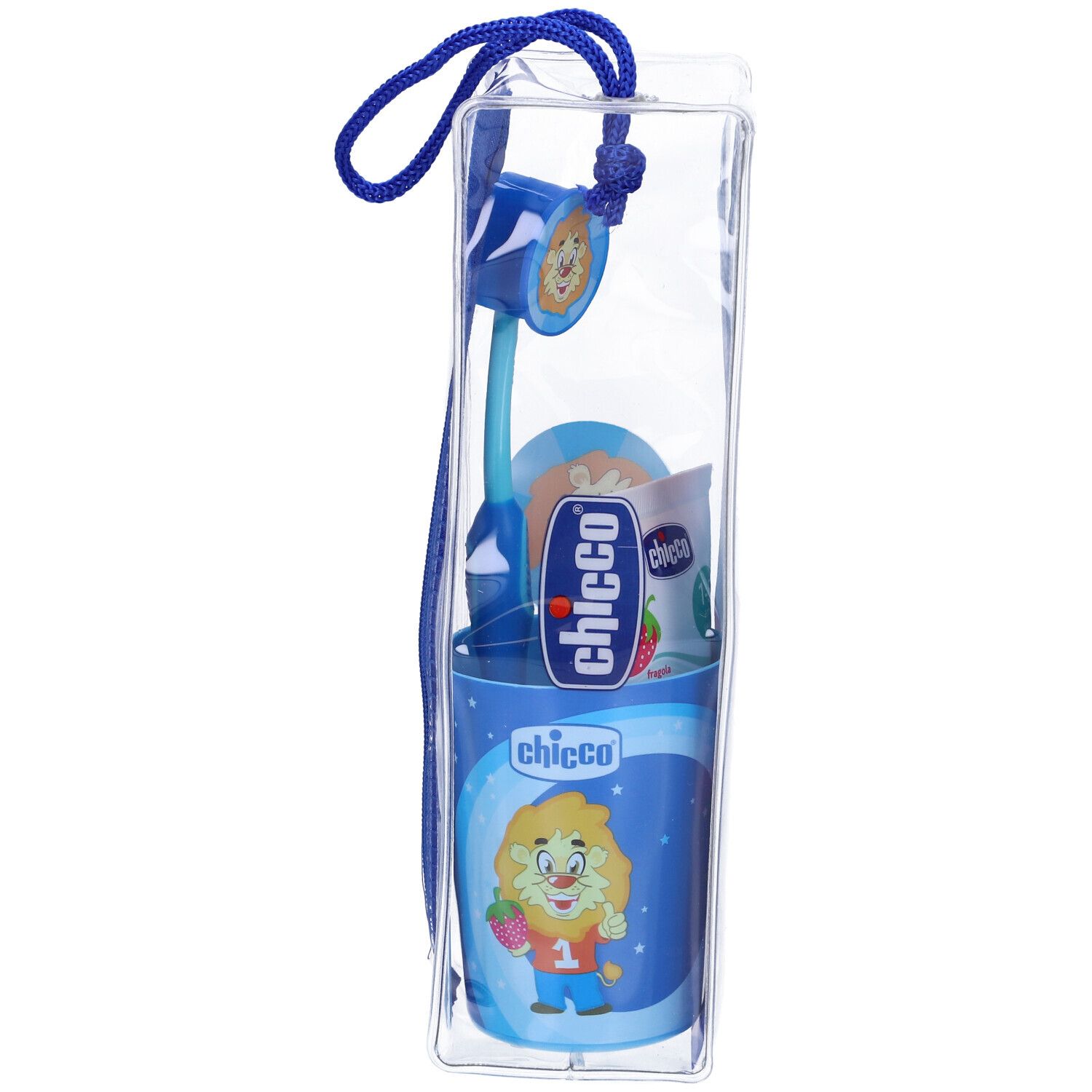 Set igiene orale in sacchetto trasparente. Include bicchiere, spazzolino, pulisci lingua e confezione piccola. Design blu.