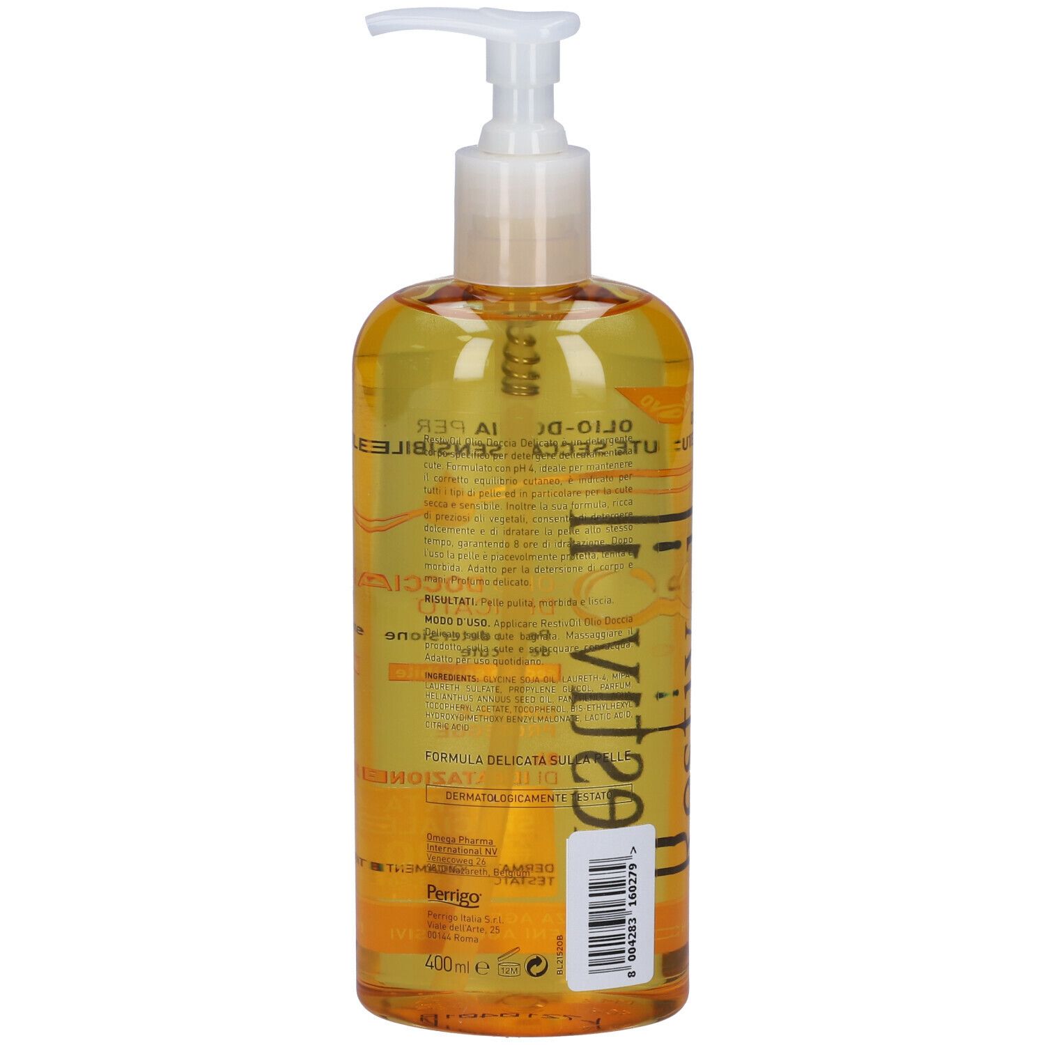 Restivoil Olio Doccia Delicato. Flacone con liquido giallo e dosatore. Vista posteriore. Scritta: Olio-Doccia, CUTE SECCA E SENSIBILE.