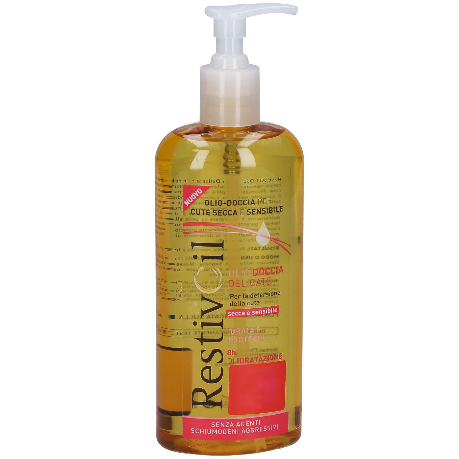 Restivoil Olio Doccia Delicato. Liquido giallo in flacone con dosatore. Scritta: Olio-Doccia, CUTE SECCA E SENSIBILE.