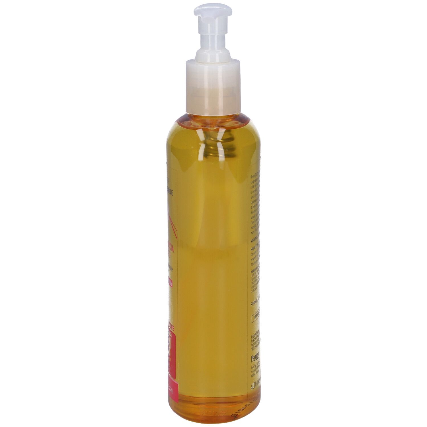 Restivoil Olio Doccia Delicato. Flacone con liquido giallo e dosatore. Vista laterale. Scritta: Restivoil.