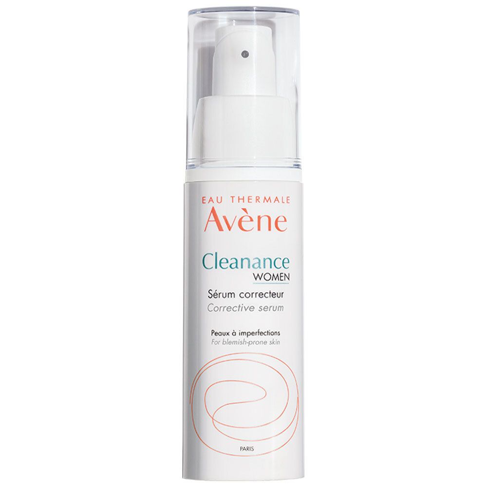 Flacone bianco con dosatore. Scritta: Eau Thermale Avène, Cleanance WOMEN, Sérum correcteur. Per pelli impure.
