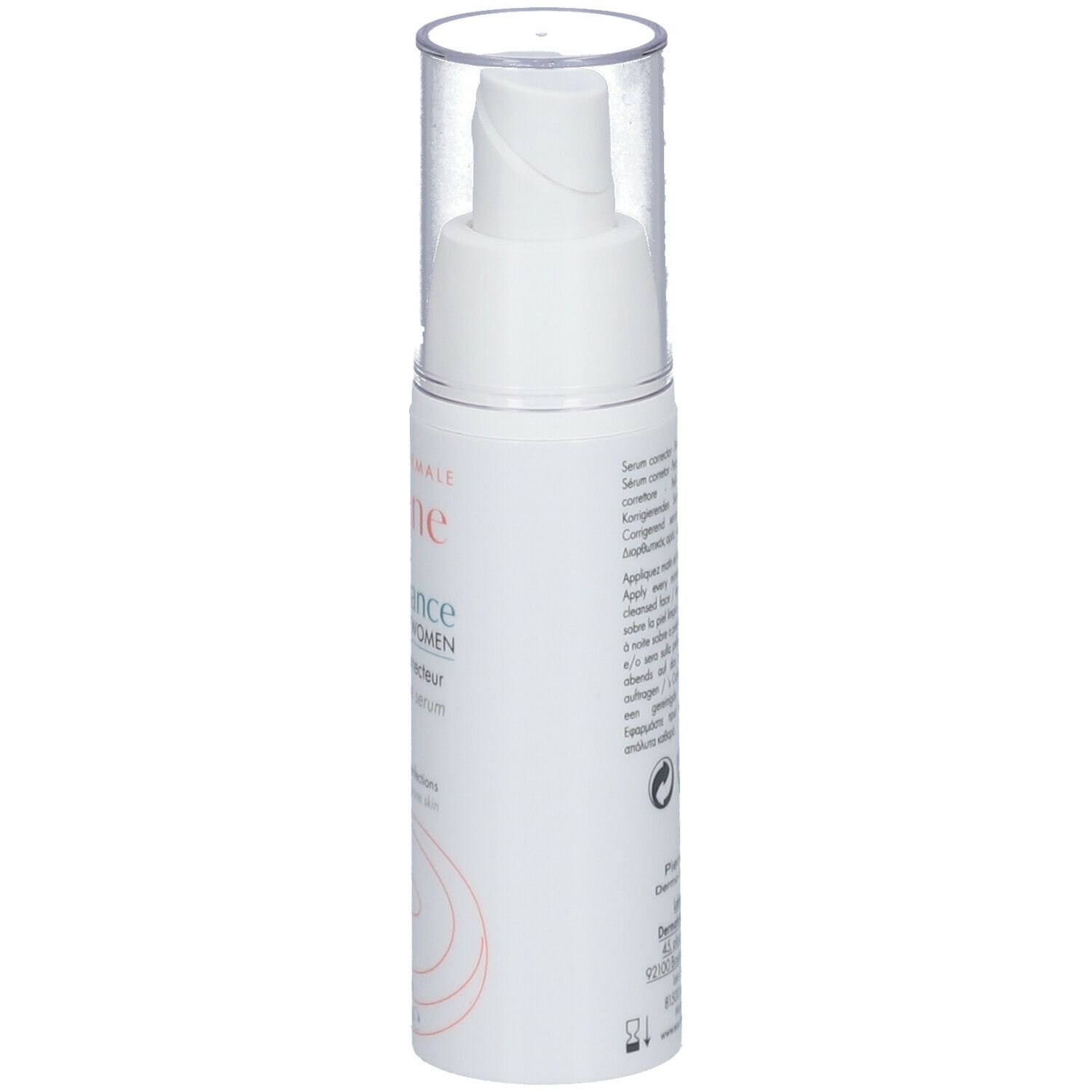 Flacone bianco con dosatore. Scritta: Eau Thermale Avène, Cleanance WOMEN, Sérum correcteur. Per pelli impure.