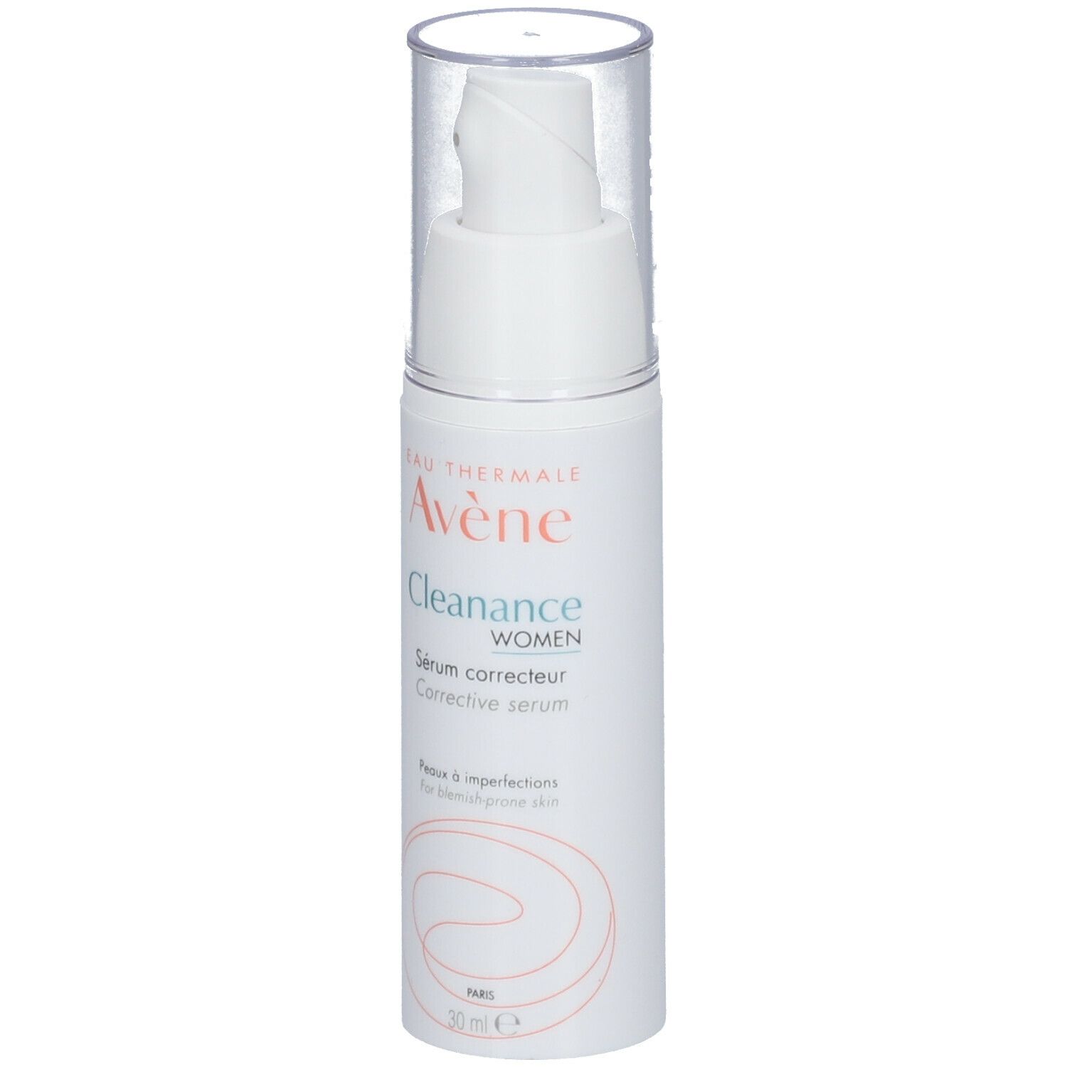 Flacone bianco con dosatore. Scritta: Eau Thermale Avène, Cleanance WOMEN, Sérum correcteur. 30 ml.