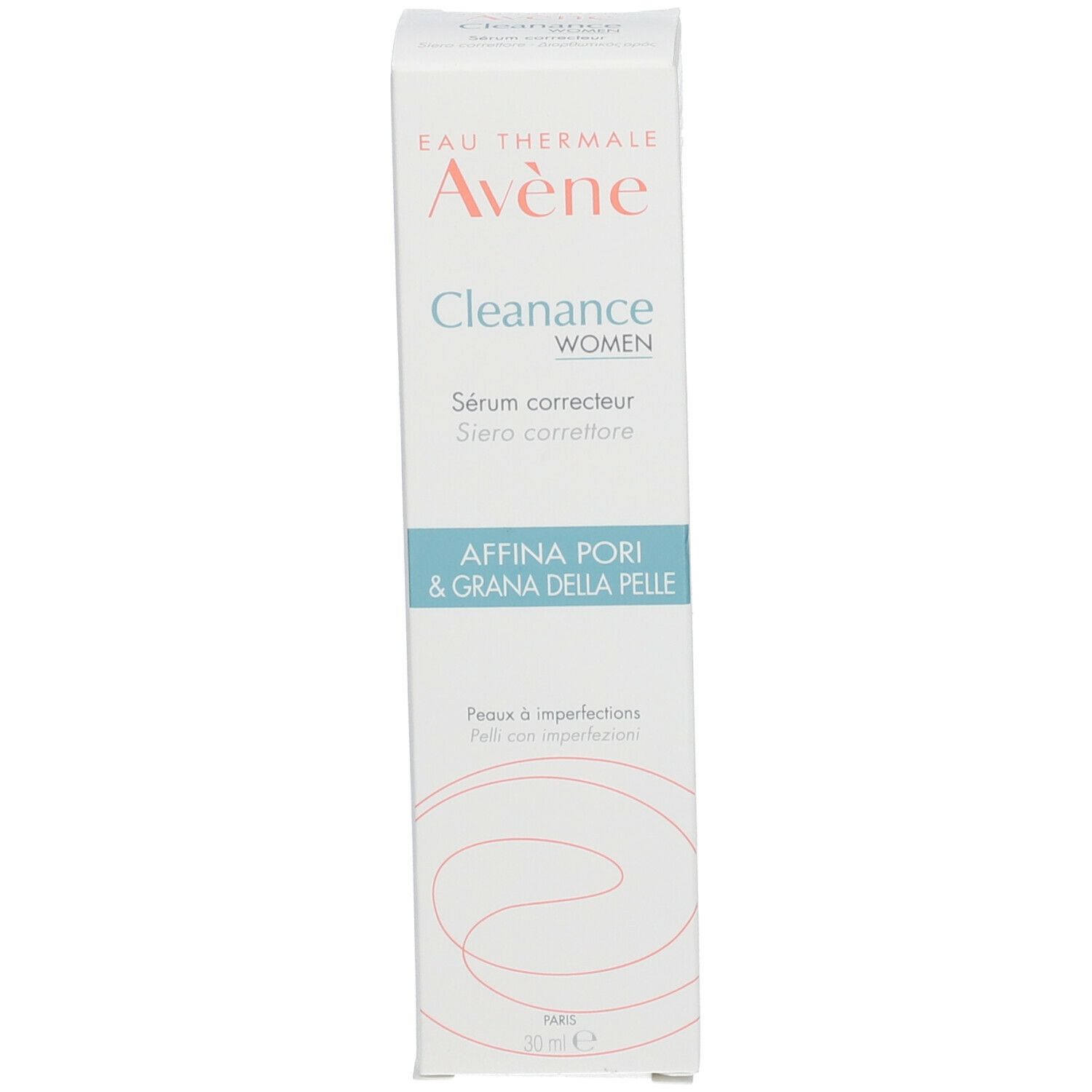 Scatola con scritta: Avène, Cleanance WOMEN, Sérum correcteur. Per pelli impure. 30 ml.