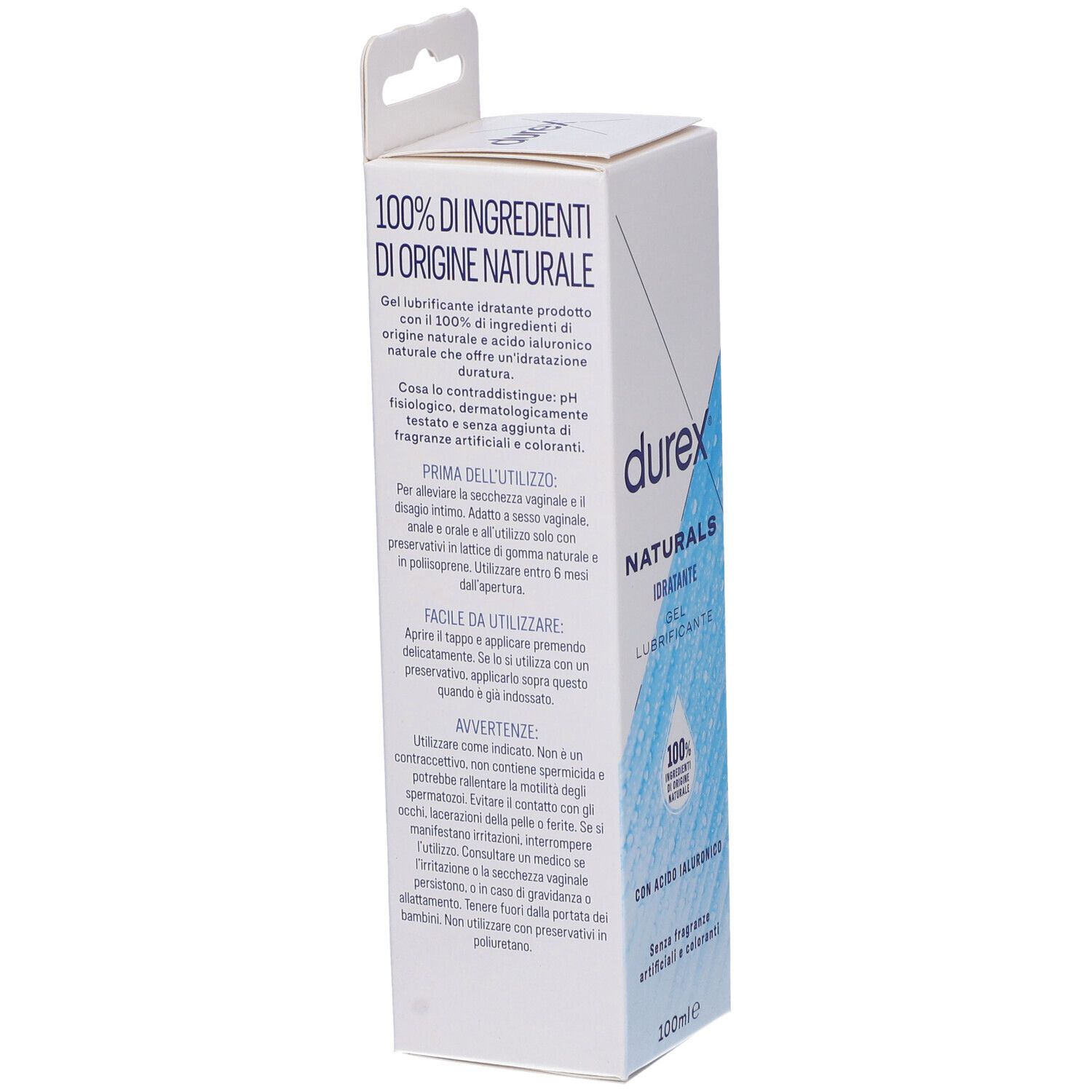 Weiße Schachtel, Text mit Produktinformationen und Aufschrift "100% Inhaltsstoffe natürlichen Ursprungs".