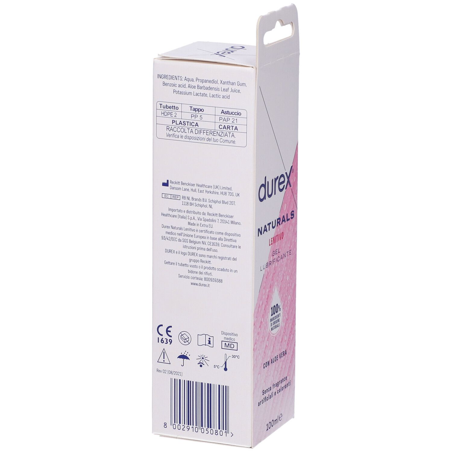 Rückseite der Durex Naturals Gel Verpackung. Inhaltsstoffe, Herstellerinformationen, Chargennummer, CE-Kennzeichnung.