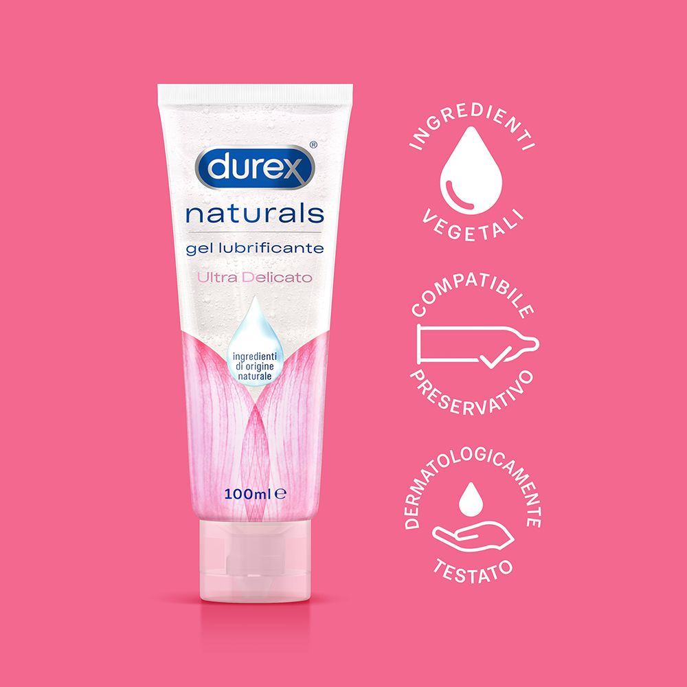 Rosa Hintergrund mit Durex Naturals Gel Tube. Logos: Vegetal, Kondom-kompatibel, dermatologisch getestet.