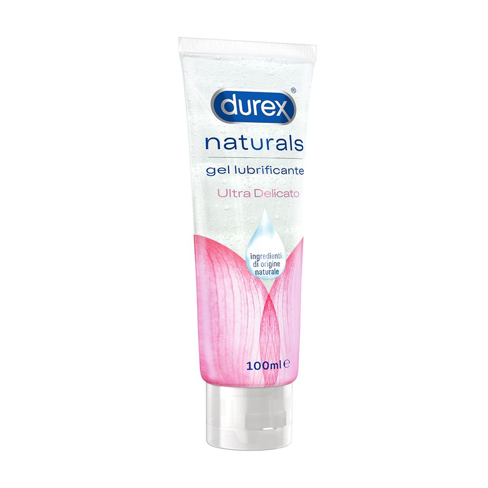 Durex Naturals Gel Tube. 100ml. Aufschrift: Ultra Delicato. Rosa Blütenmuster. 100% Inhaltsstoffe natürlichen Ursprungs.