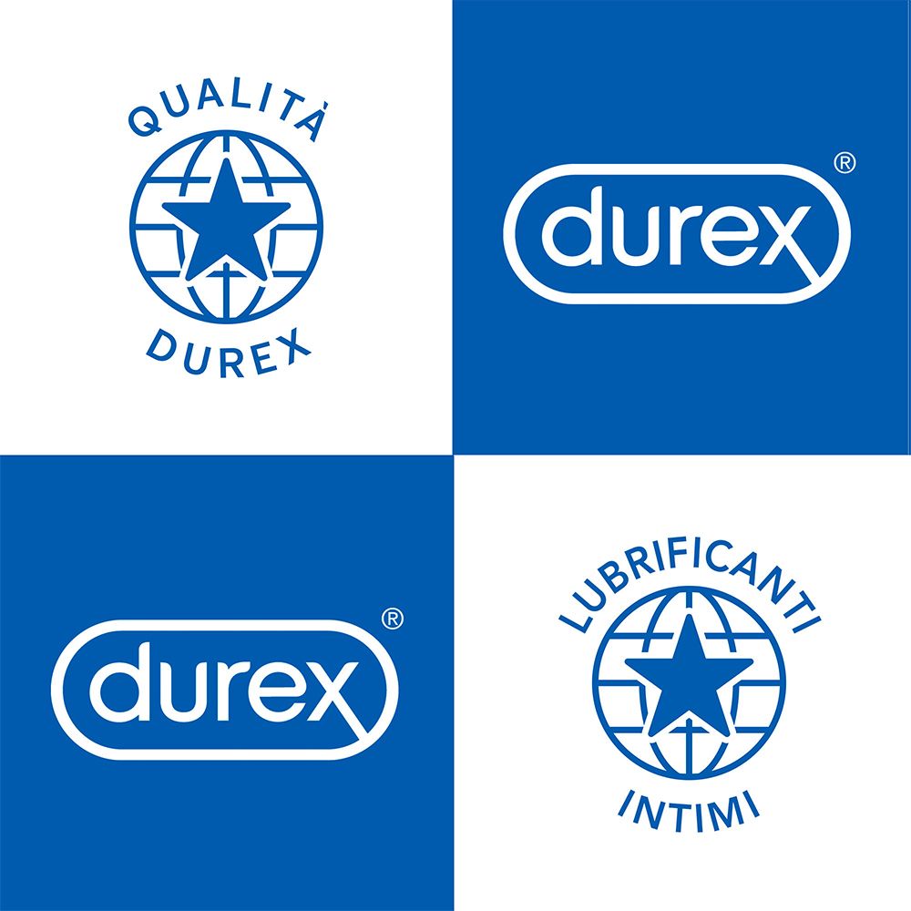 Vier Logos: Durex-Qualität, Durex-Logo, Durex-Logo, Intim-Gleitmittel. Blau-weiß.