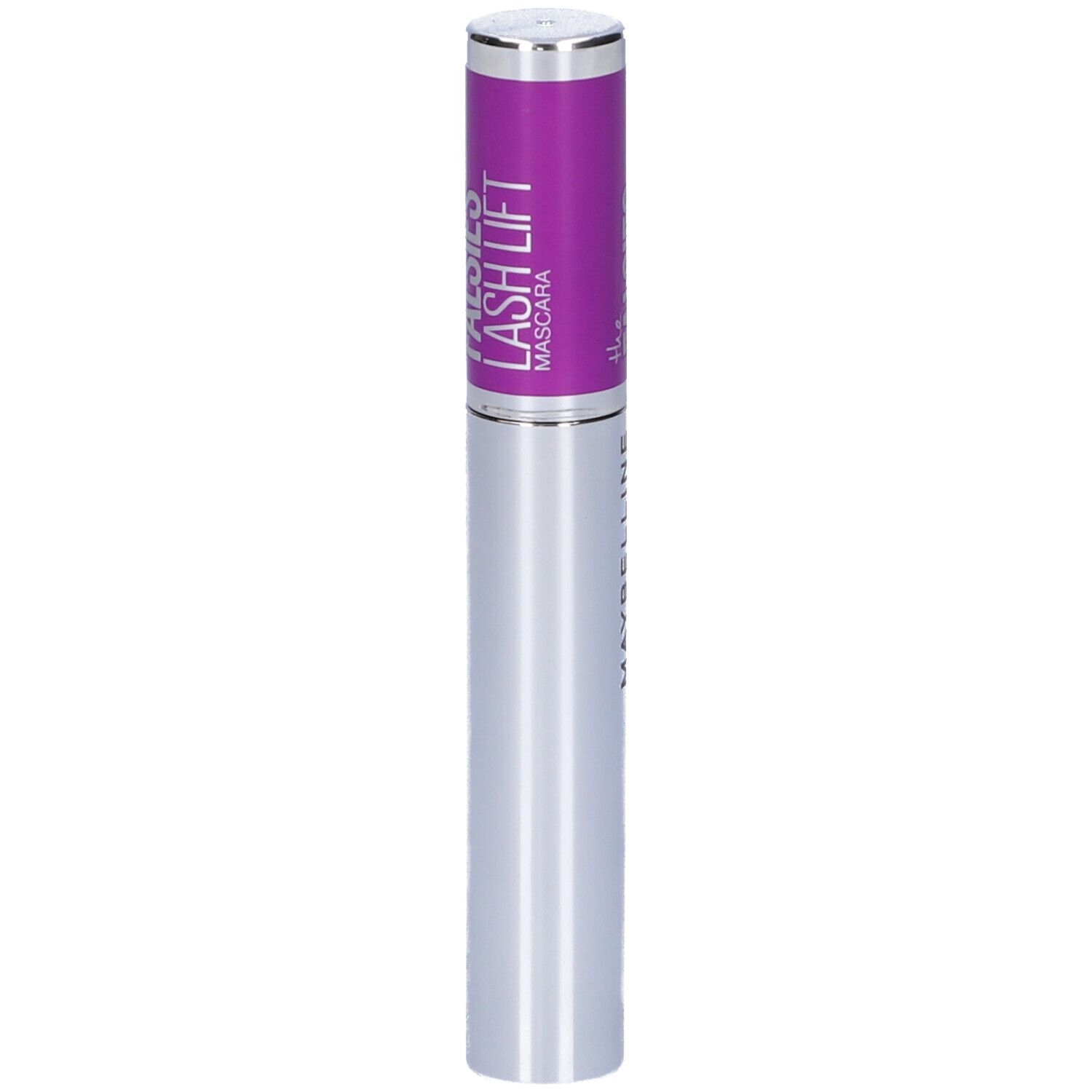 Tubo di mascara argentato con dettagli viola. Scritta: Maybelline New York, The Falsies Lash Lift.