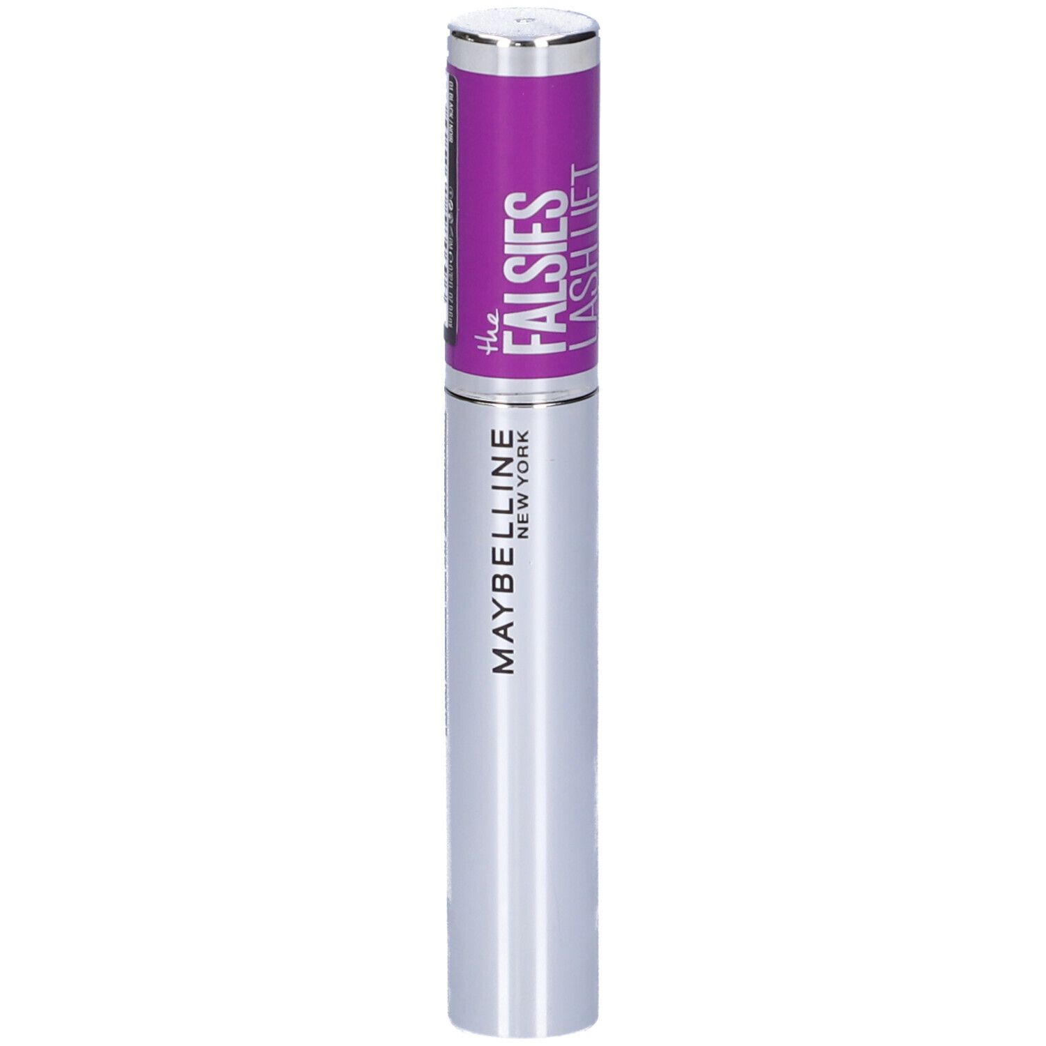 Tubo di mascara argentato con dettagli viola. Scritta: Maybelline New York, The Falsies Lash Lift.