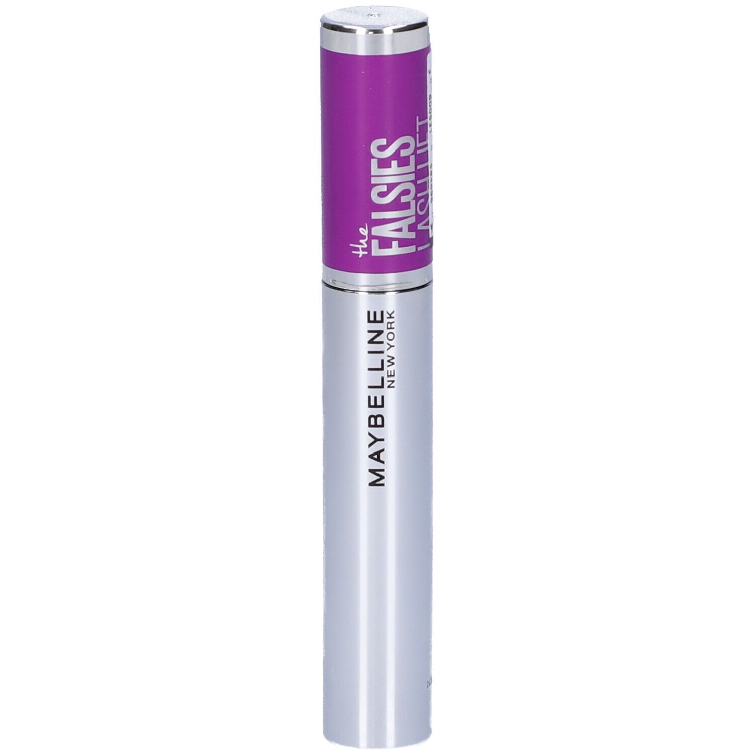 Tubo di mascara argentato con dettagli viola. Scritta: Maybelline New York, The Falsies Lash Lift.