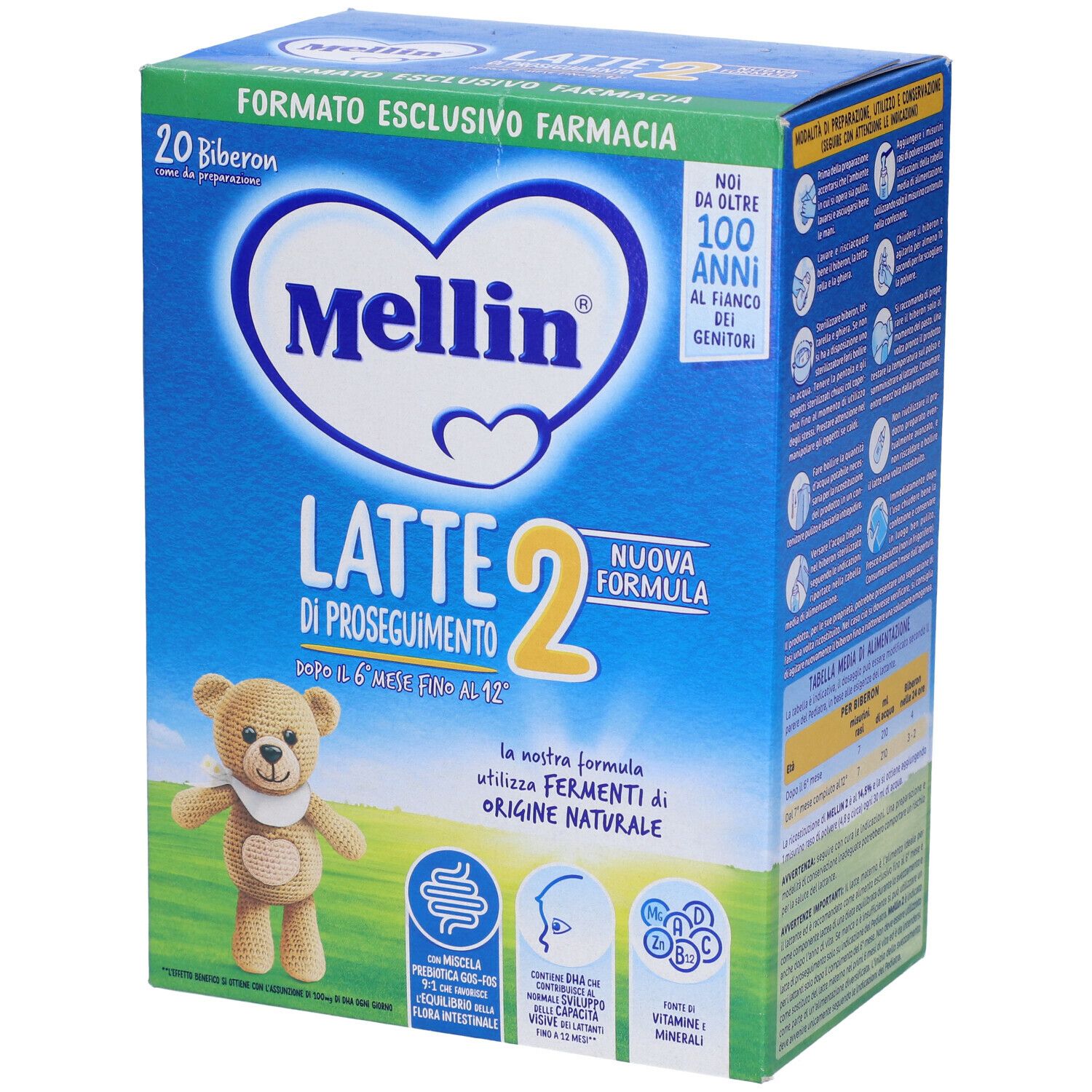 Confezione di Mellin Latte 2 in Polvere. Scatola blu con nome del prodotto, illustrazione orsetto e testo. Contiene 20 biberon.