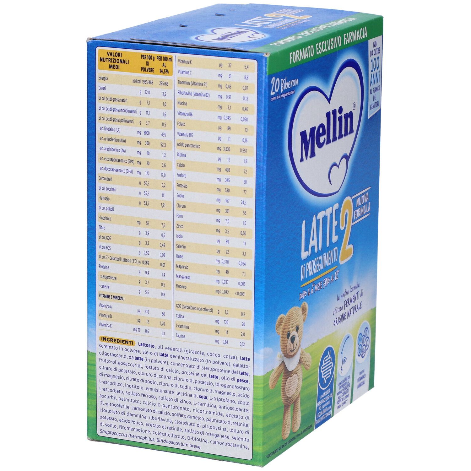 Confezione di Mellin Latte 2 in Polvere. Scatola blu con informazioni nutrizionali e lista ingredienti. Contiene 20 biberon.