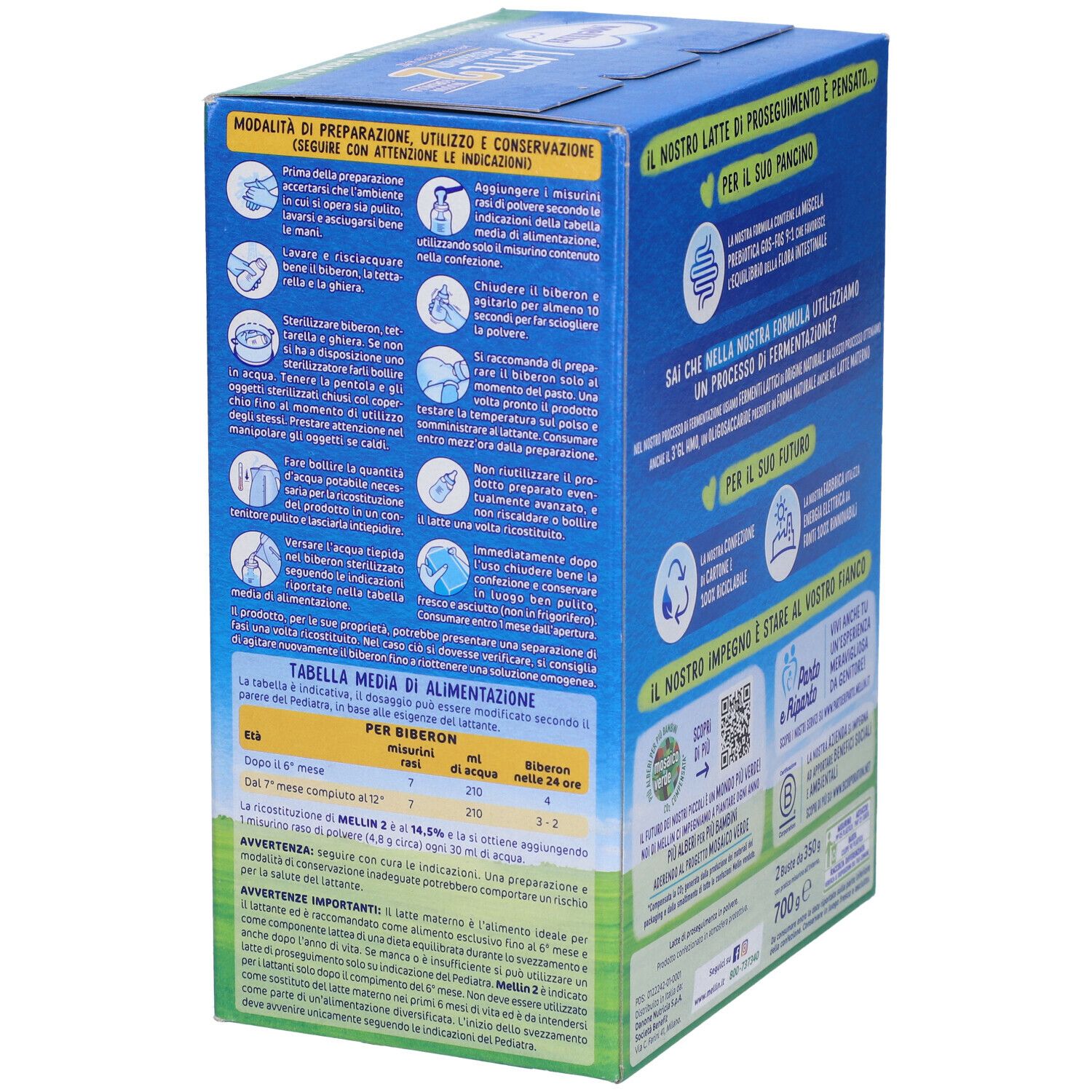 Lato della confezione Mellin Latte 2 in Polvere. Scatola blu con istruzioni per la preparazione e tabella nutrizionale. Contenuto 700g.