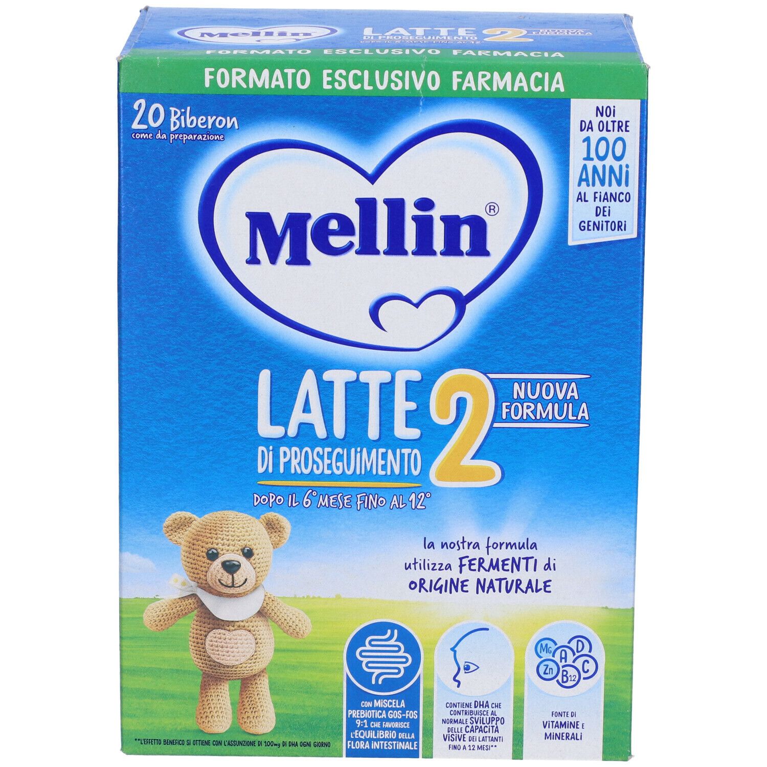 Confezione di Mellin Latte 2 in Polvere. Scatola blu con nome del prodotto, illustrazione orsetto e testo. Contiene 20 biberon.