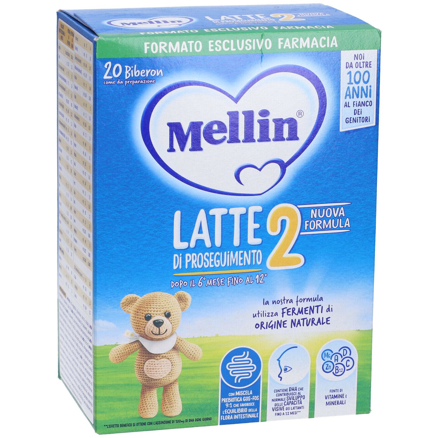 Confezione di Mellin Latte 2 in Polvere. Scatola blu con nome del prodotto, illustrazione orsetto e testo. Contiene 20 biberon.