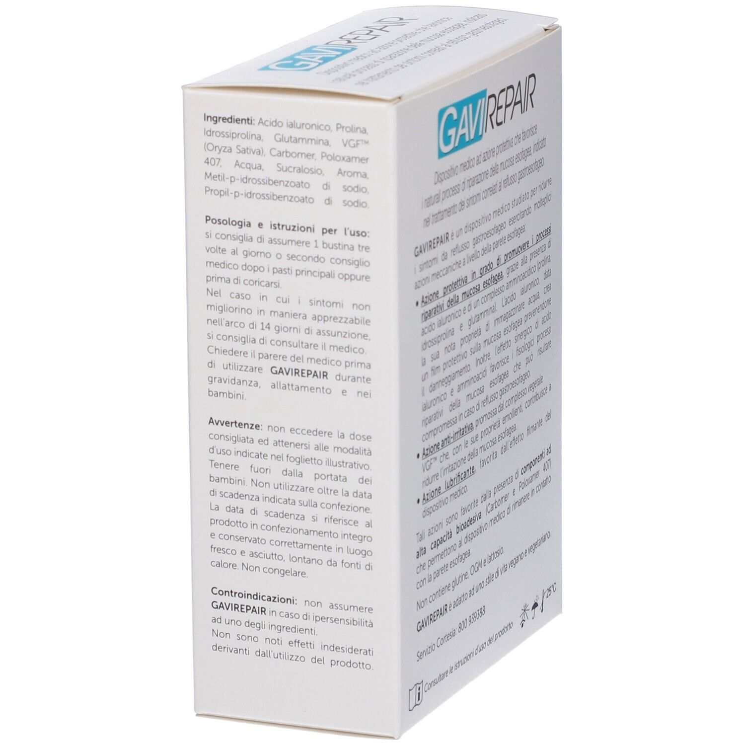 Seitenansicht der Verpackung mit Produktinformationen und Gebrauchsanweisungen. Text in italienischer Sprache.