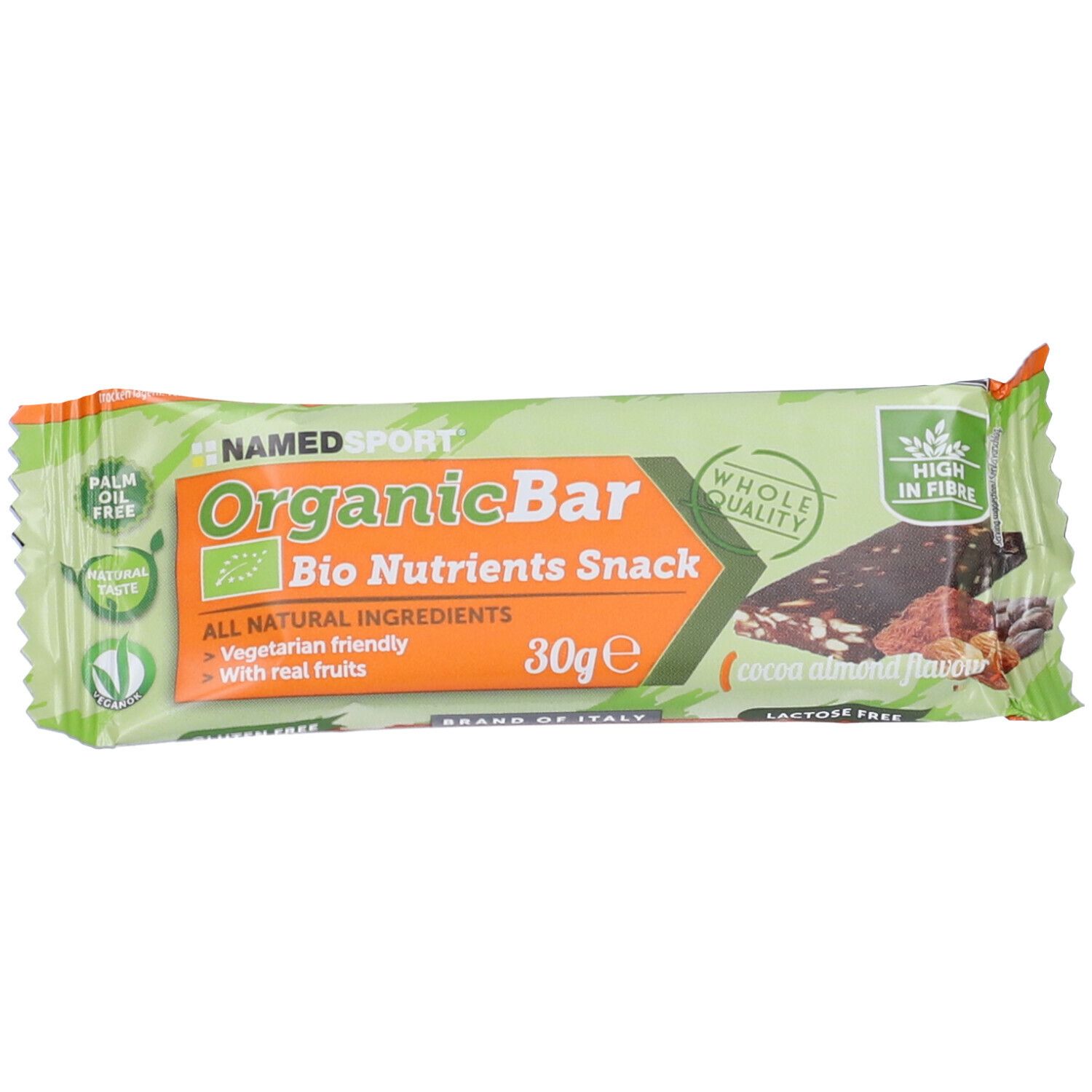 Barretta NAMEDSPORT® OrganicBar confezionata. Confezione verde-arancione. Scritta: OrganicBar, Bio Nutrients Snack, 30g, gusto cacao-mandorla.