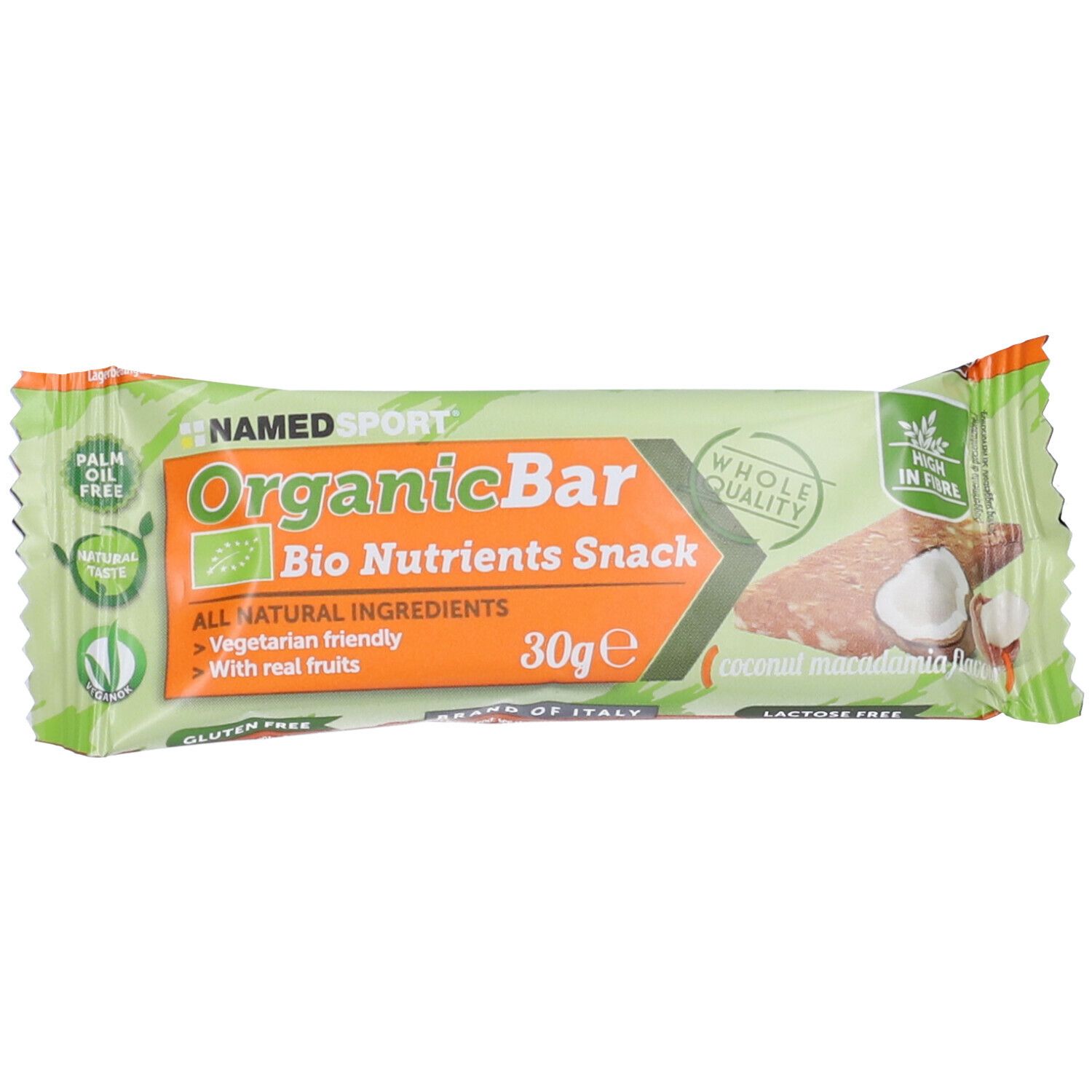 Confezione di NAMEDSPORT® OrganicBar Bio Nutrients Snack. Incarto verde-arancio con nome prodotto e ingredienti.