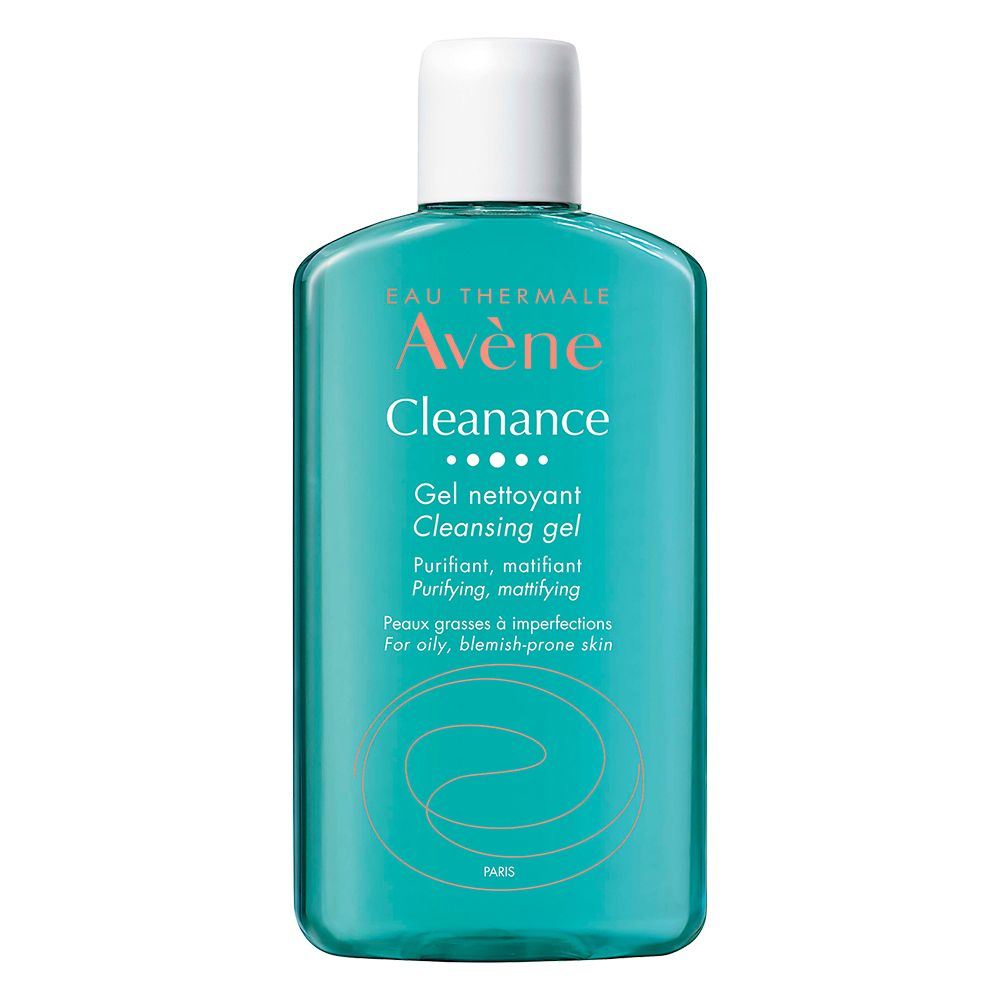 Türkisgrüne Flasche mit weißem Deckel. Aufschrift: Eau Thermale Avène Cleanance Reinigungsgel. Für unreine, fettige Haut.